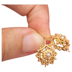 18K flower earrings - Antique sleepers with seed pearls - Victorian Dormeuses