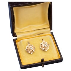 18K flower earrings - Antique sleepers with seed pearls - Victorian Dormeuses