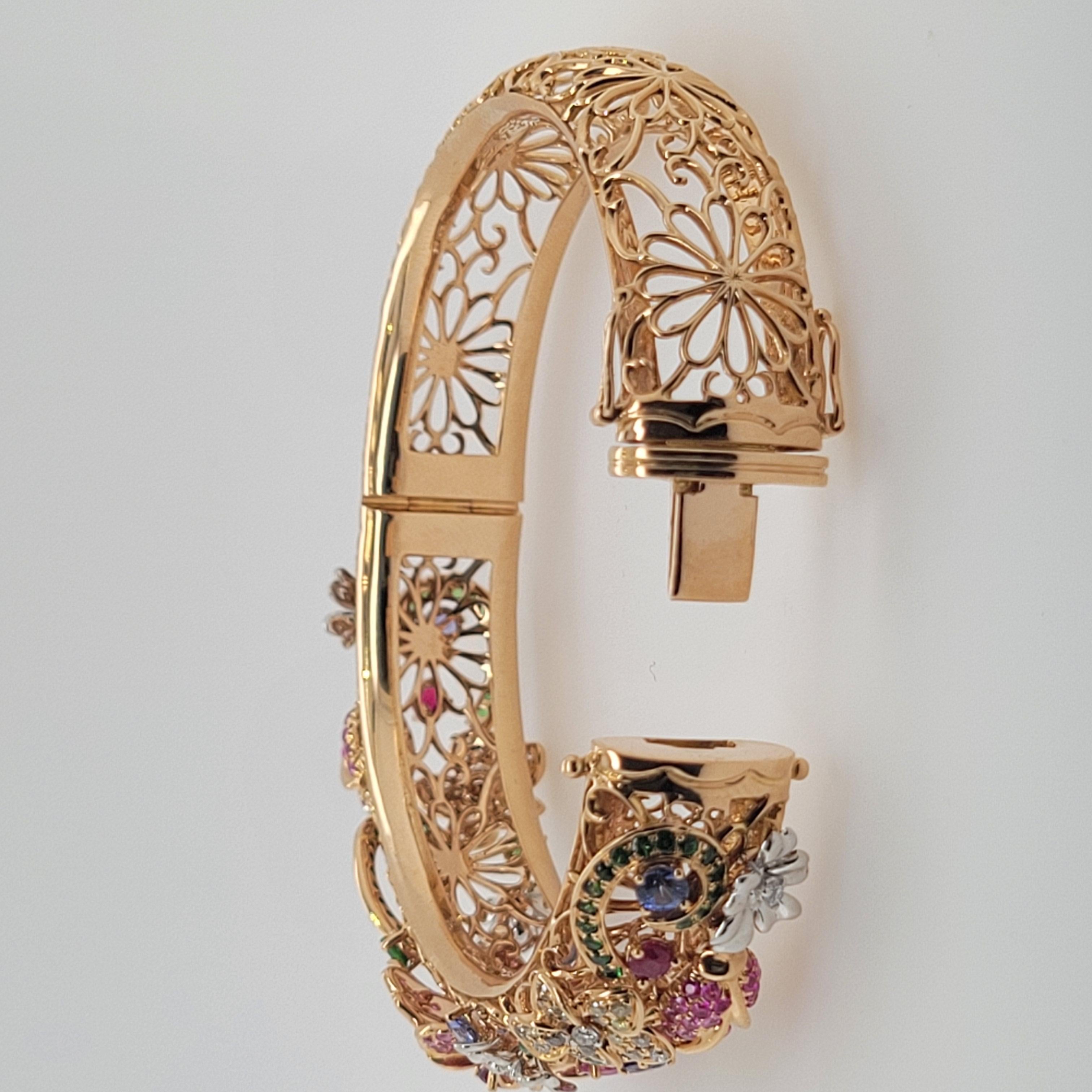 Round Cut 18k Flower Garden Collection Bracelet with Diamonds, Tourmaline, Sapphires, Ruby For Sale