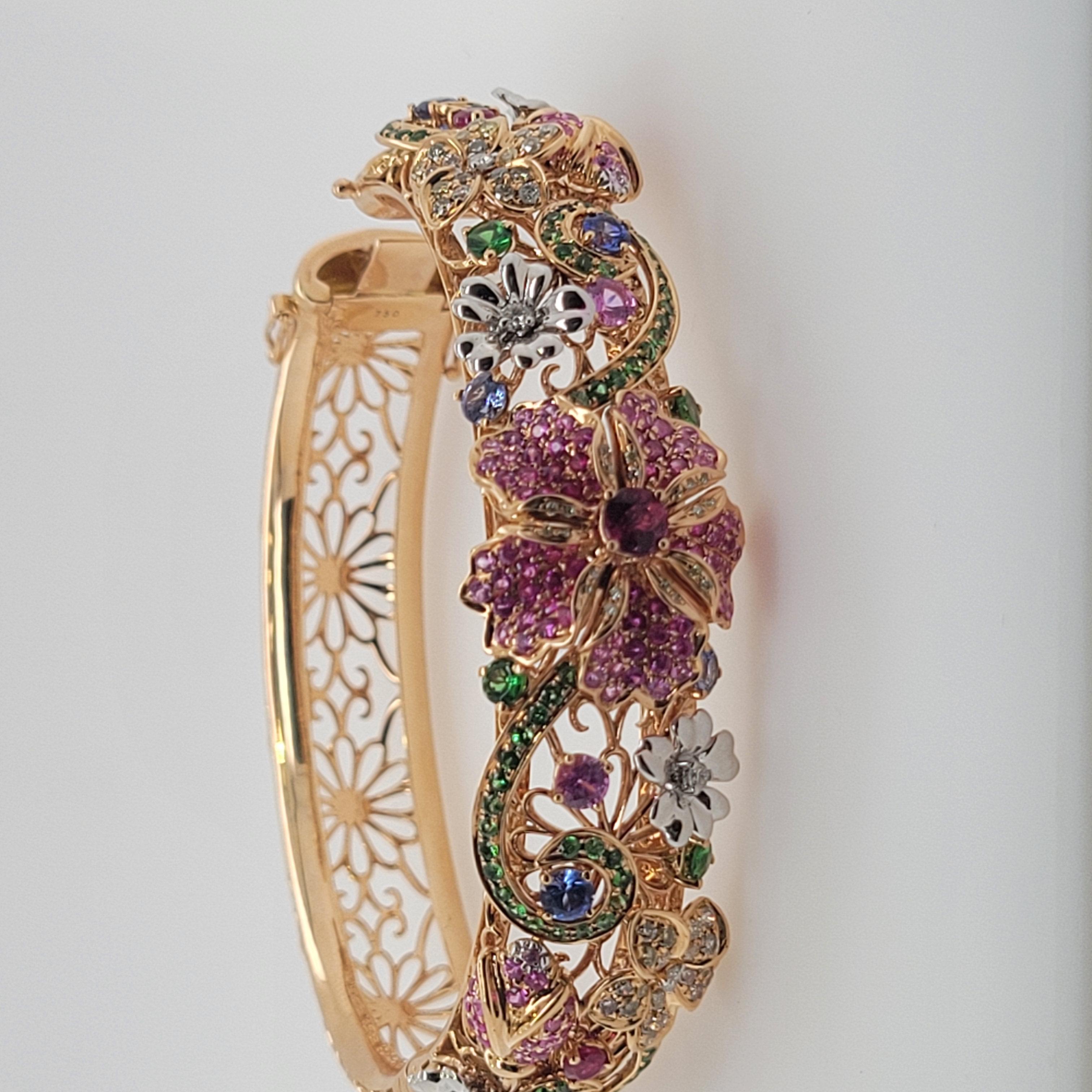 Women's or Men's 18k Flower Garden Collection Bracelet with Diamonds, Tourmaline, Sapphires, Ruby For Sale