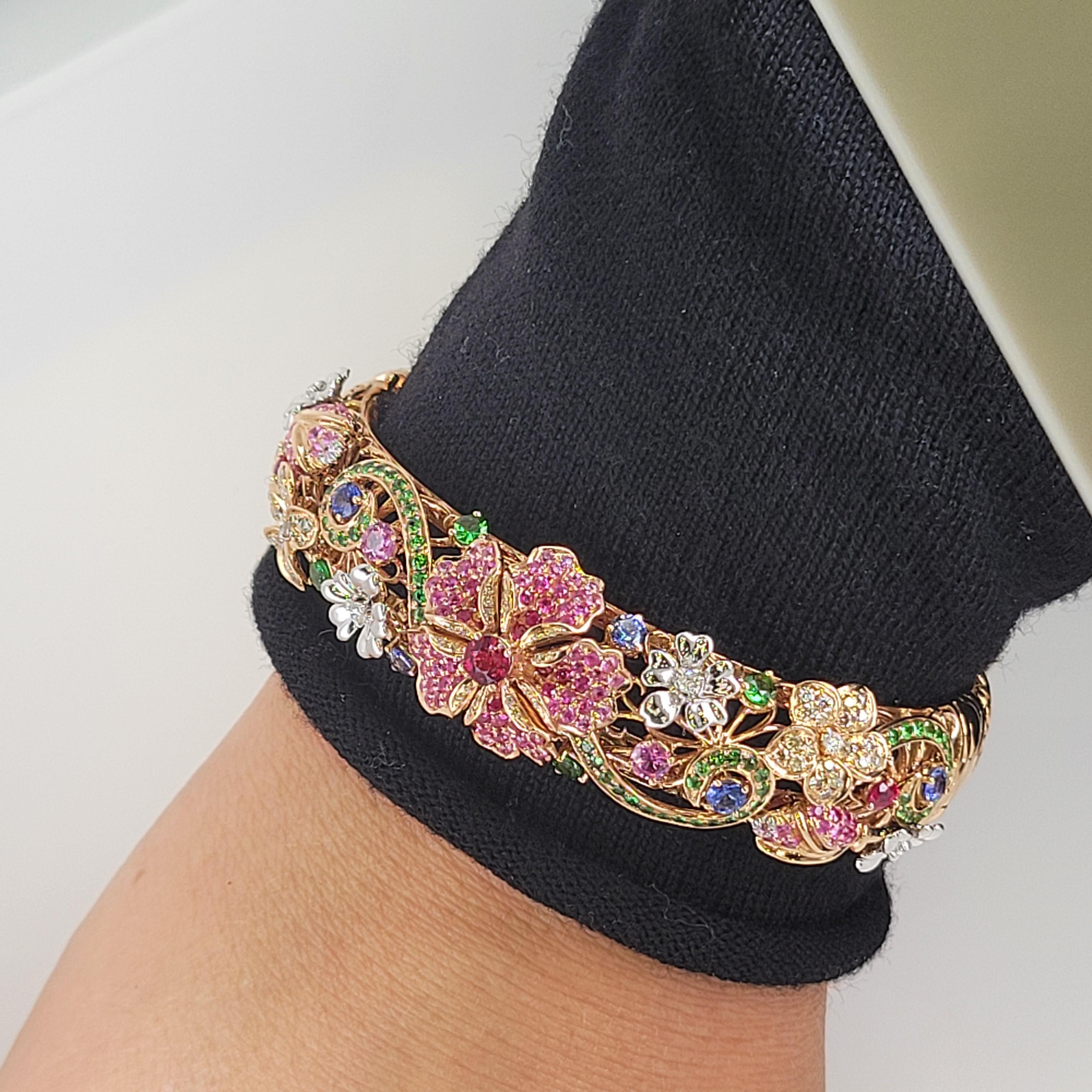 18k Flower Garden Collection Bracelet with Diamonds, Tourmaline, Sapphires, Ruby For Sale 1