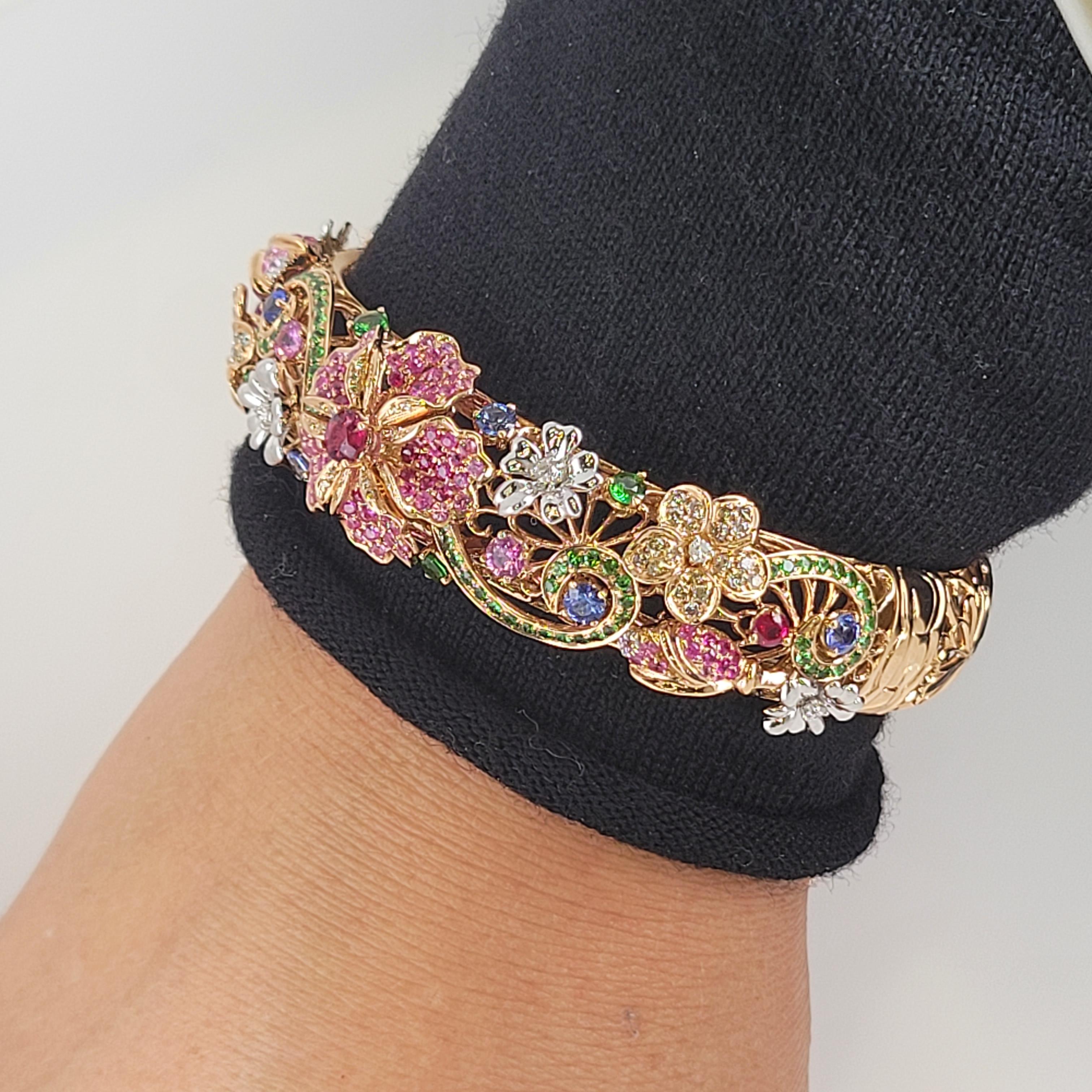 18k Flower Garden Collection Bracelet with Diamonds, Tourmaline, Sapphires, Ruby For Sale 2