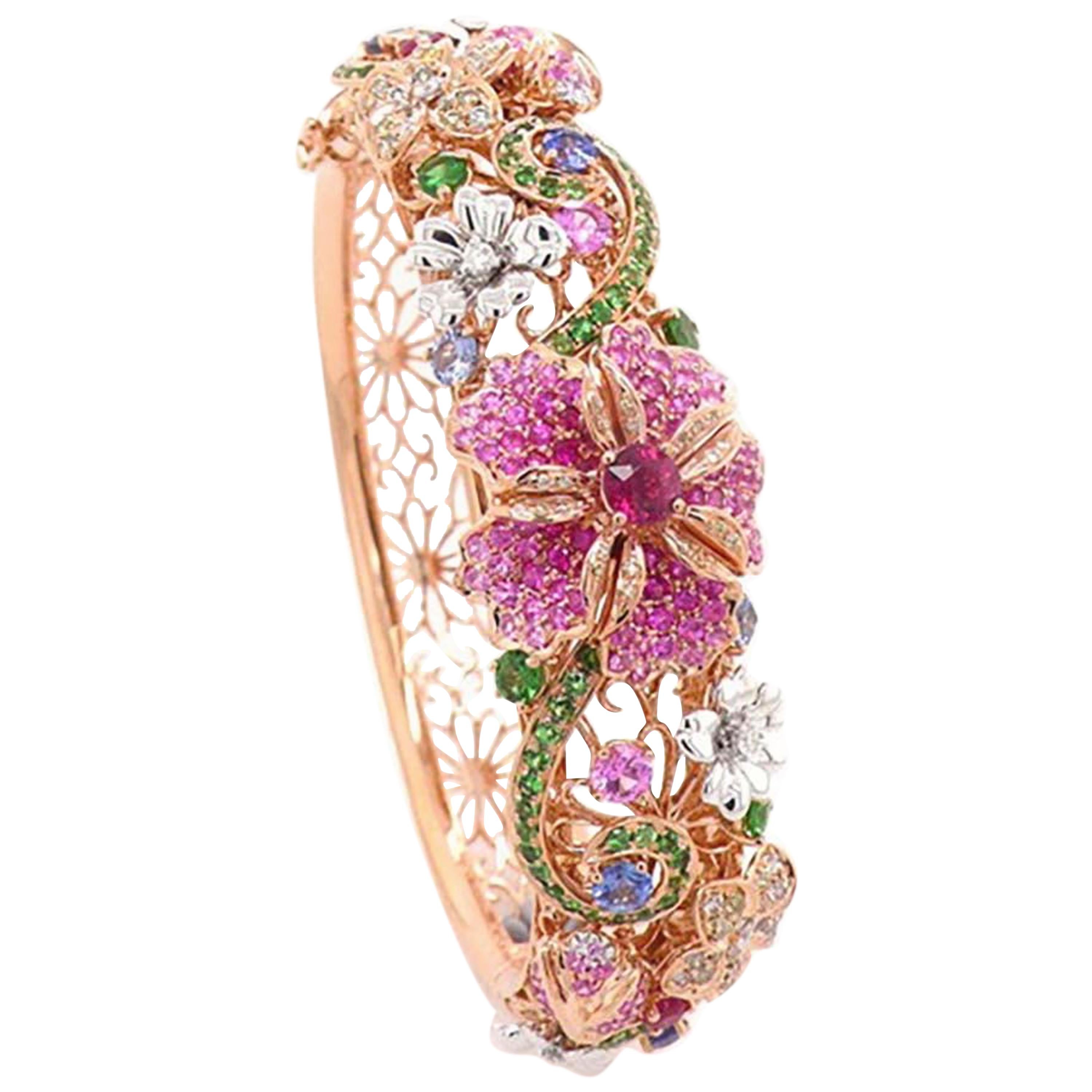 18k Flower Garden Collection Bracelet with Diamonds, Tourmaline, Sapphires, Ruby For Sale