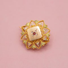 18k Flower & star Art Nouveau Brooch - Victorian solid gold pin - Napoleon III