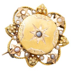 18k Flower & star Art Nouveau Brooch - Victorian solid gold pin - Napoleon III
