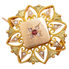 18k Flower & star Art Nouveau Brooch - Victorian solid gold pin - Napoleon III