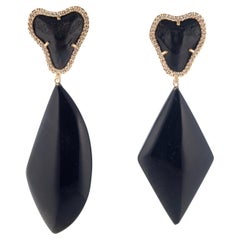 18K Fossilized Shark Tooth White Diamond pave drop Tiger Eye Statement Earrings