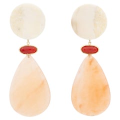 18K Fossilized Walrus Ivory, Coral and Peach Chalcedony Statement Earrings