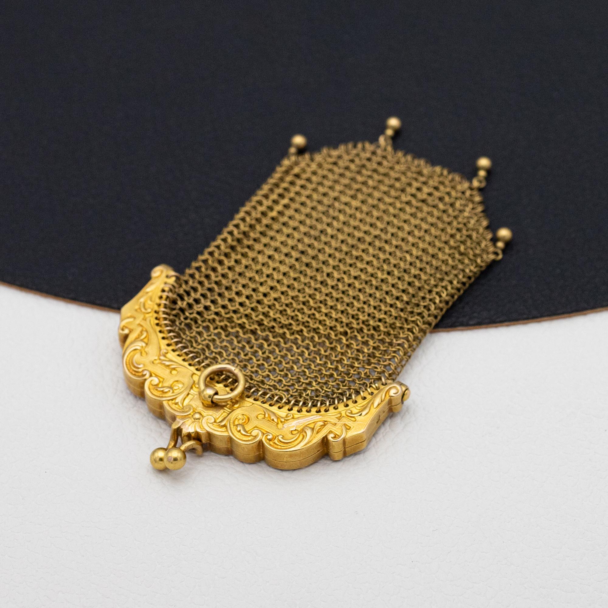 18k Französische antike Gold Mesh-Handtasche aus Mesh - Jugendstil - Kleine goldene Münztasche  im Angebot 9