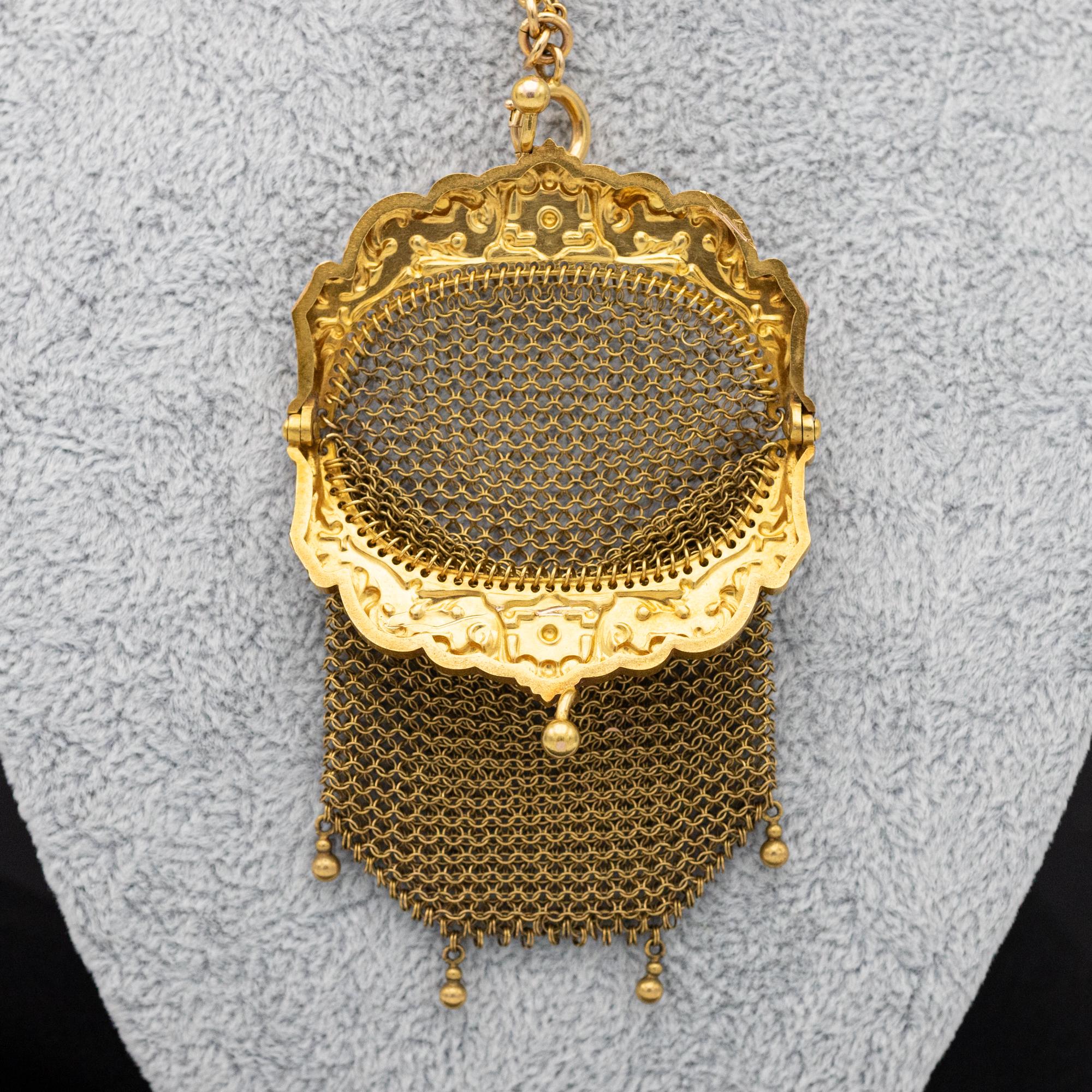 18k Französische antike Gold Mesh-Handtasche aus Mesh - Jugendstil - Kleine goldene Münztasche  im Angebot 2