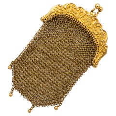 18k French Used Gold mesh purse - Art Nouveau - Petite gold coin purse bag 