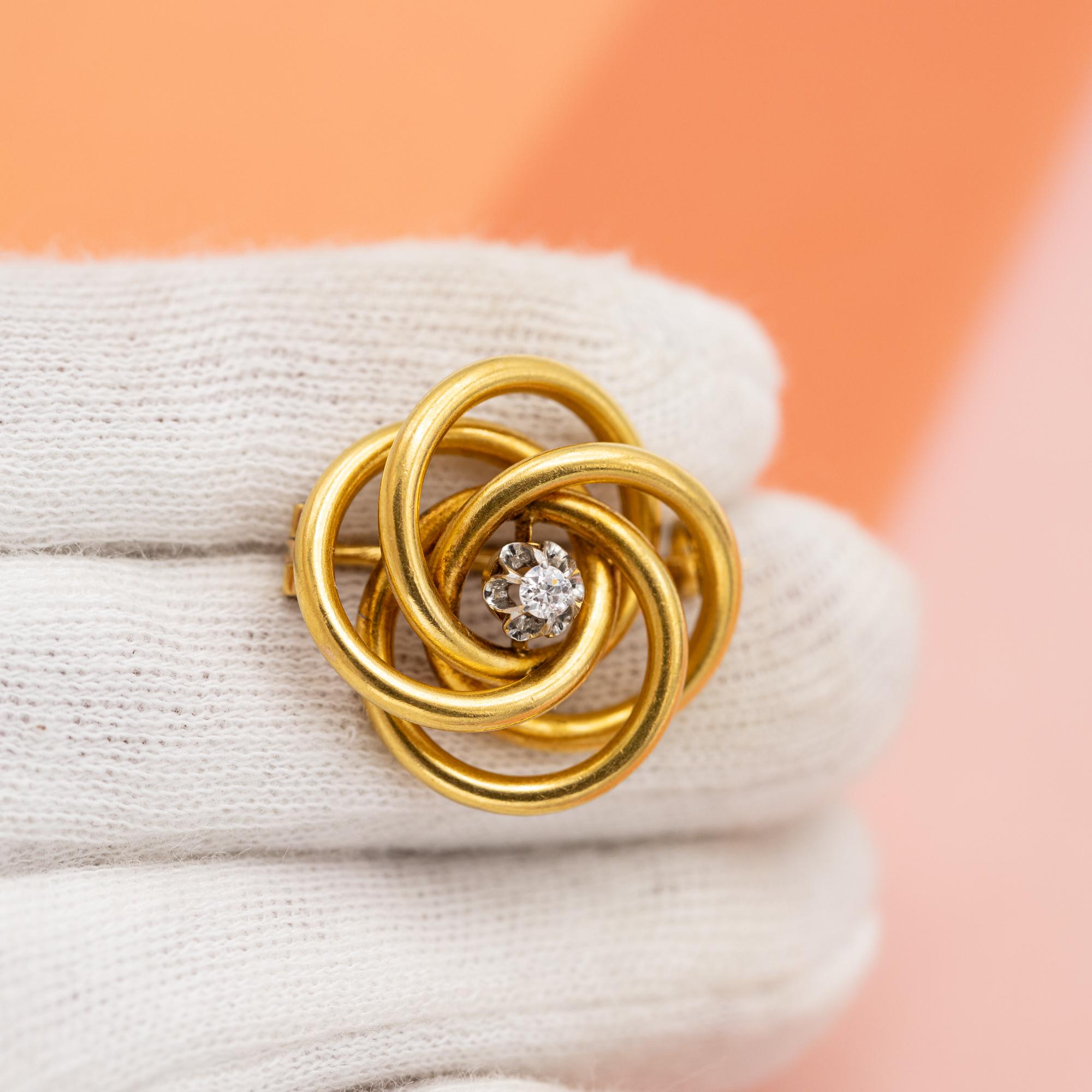 Women's or Men's 18k French Art Nouveau brooch - Late Victorian love jewelry, diamond lovers knot