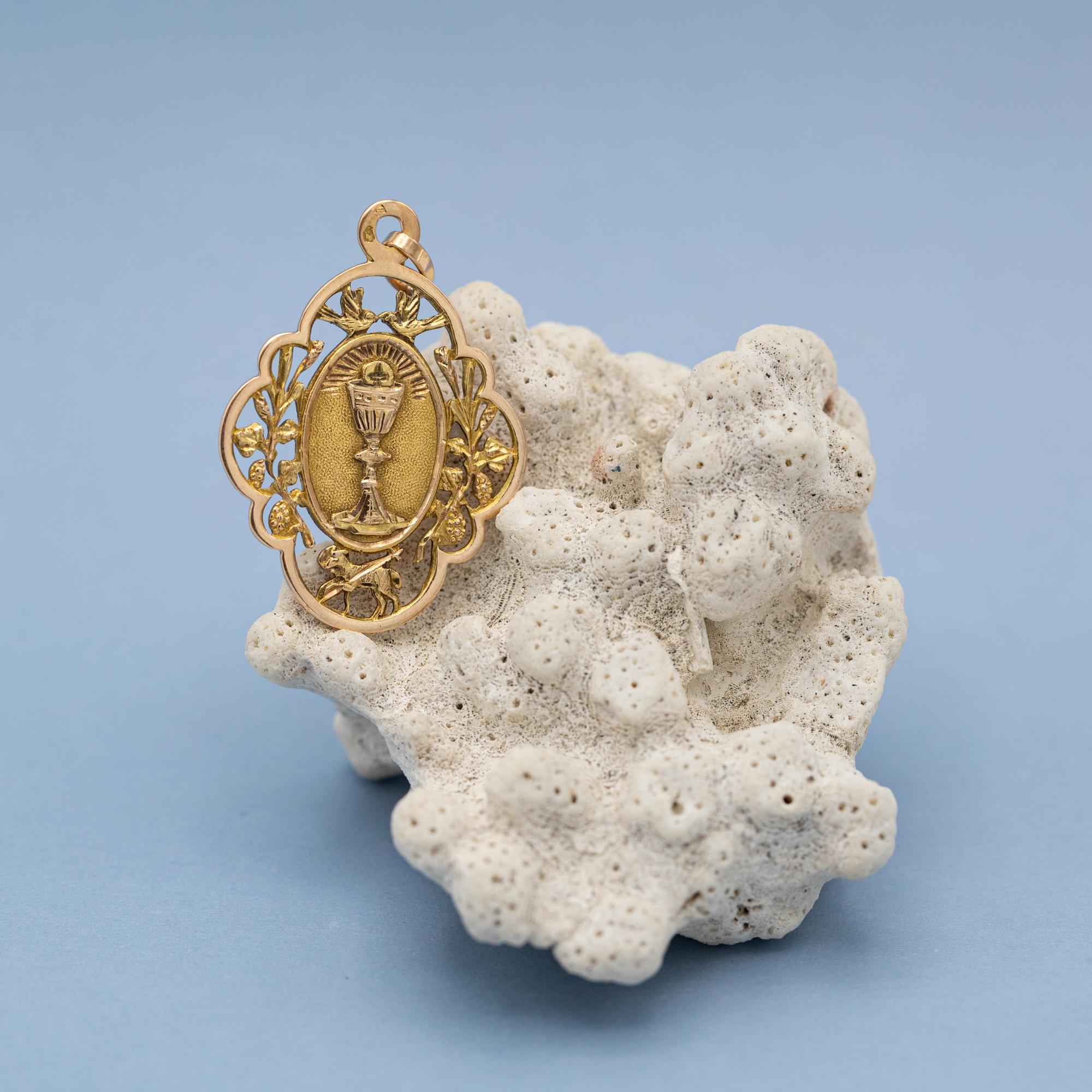 Women's or Men's 18K French Chalice and host pendant - rare Antique Catholic charm - solid gold