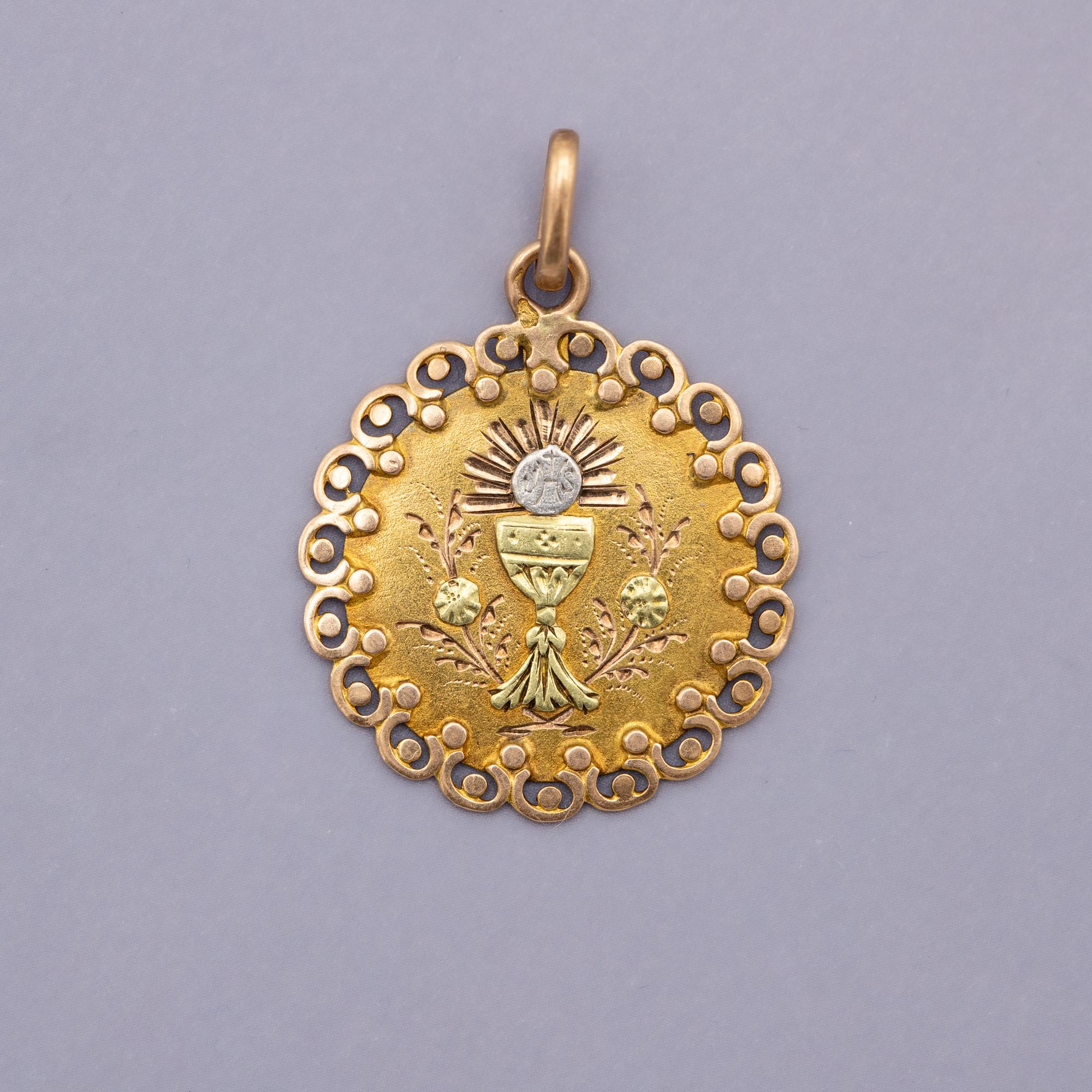 Women's or Men's 18K French Chalice & host pendant, rare Antique Catholic charm, Horse head mark