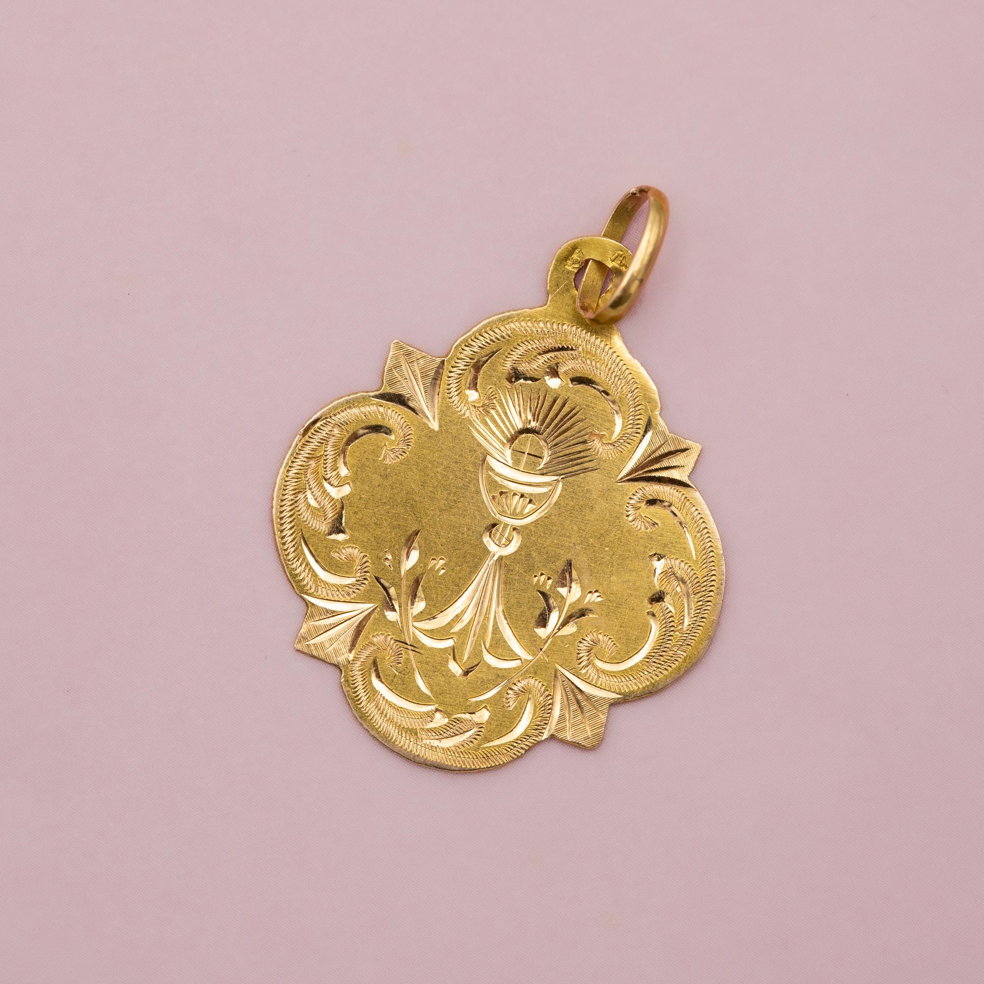 Pendentif en forme de calice et d'hostie, 18K, rare charme catholique antique, marque tête de cheval 1