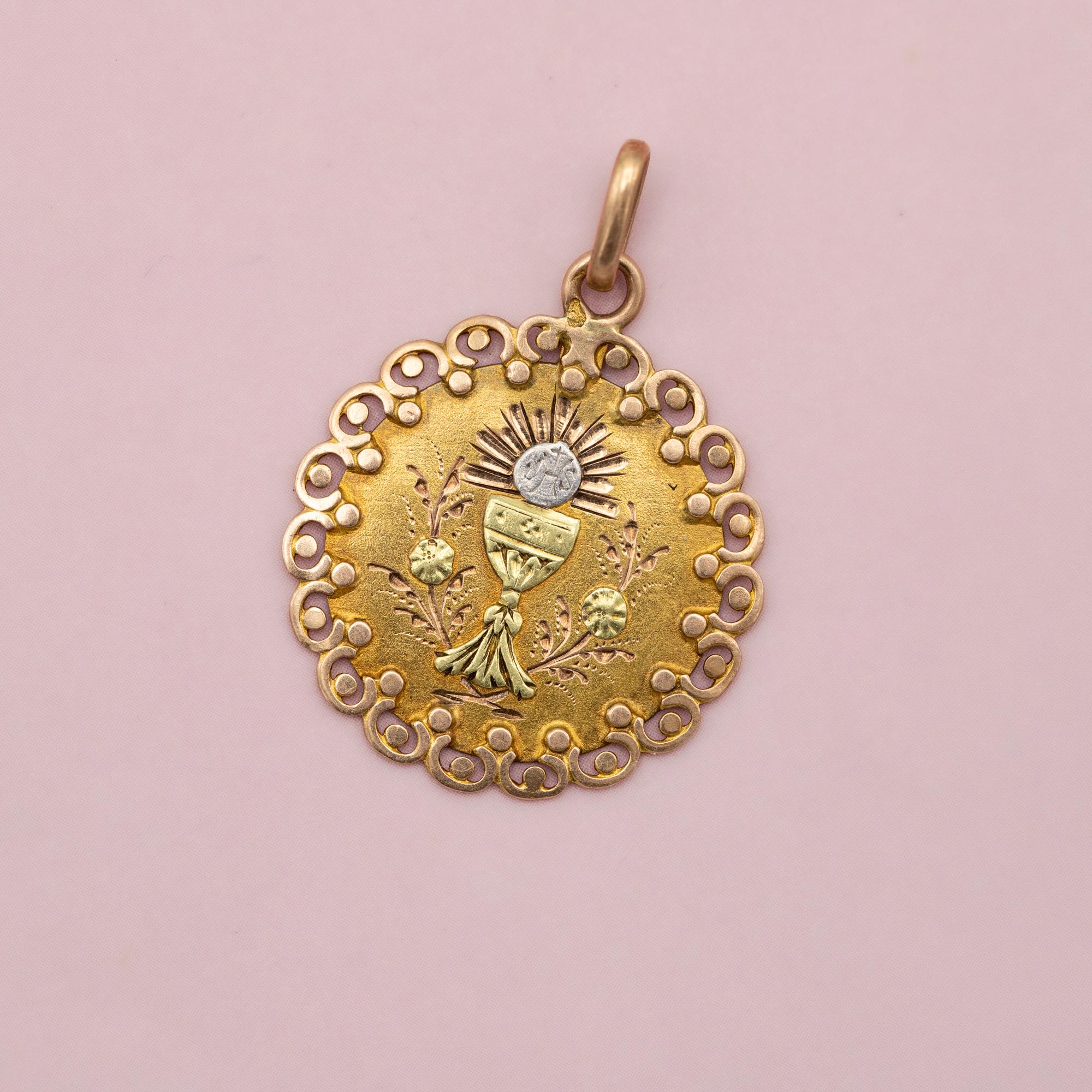 18K French Chalice & host pendant, rare Antique Catholic charm, Horse head mark 2