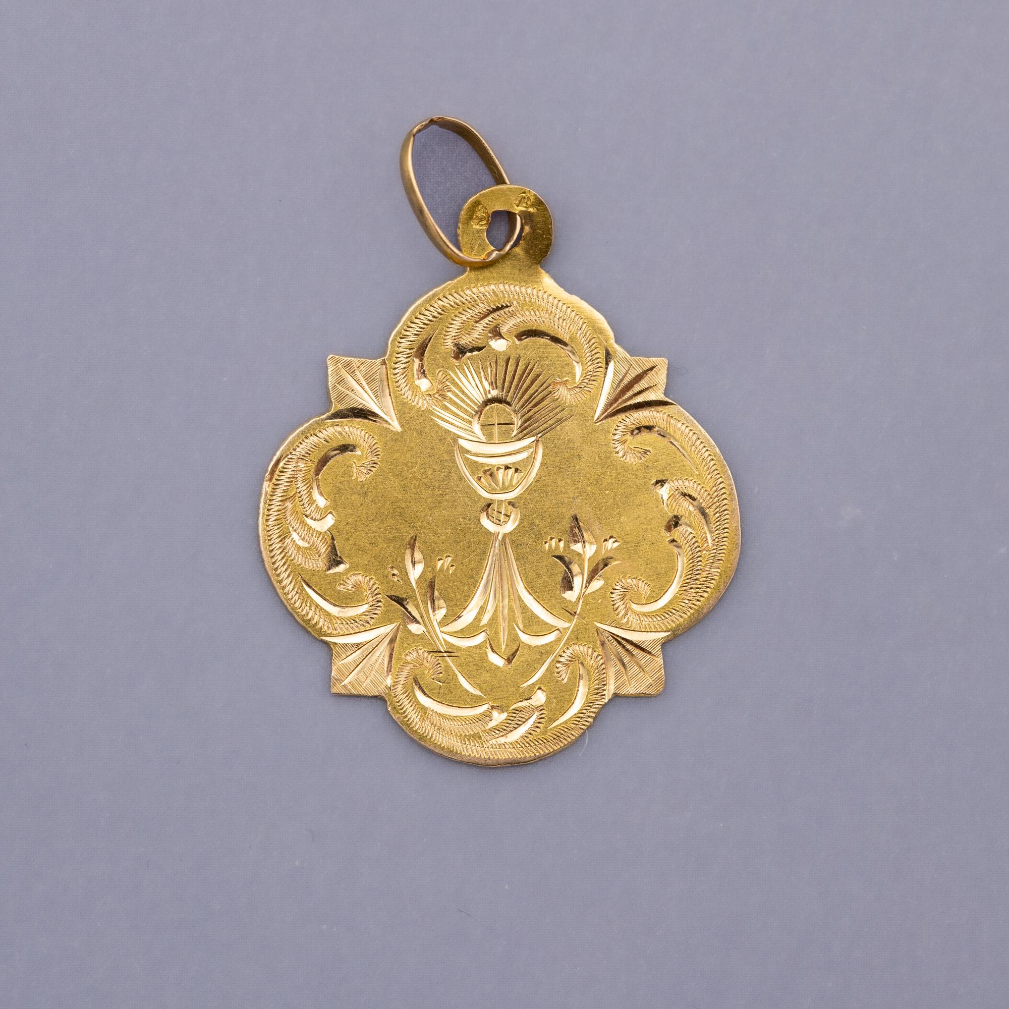 Pendentif en forme de calice et d'hostie, 18K, rare charme catholique antique, marque tête de cheval 3