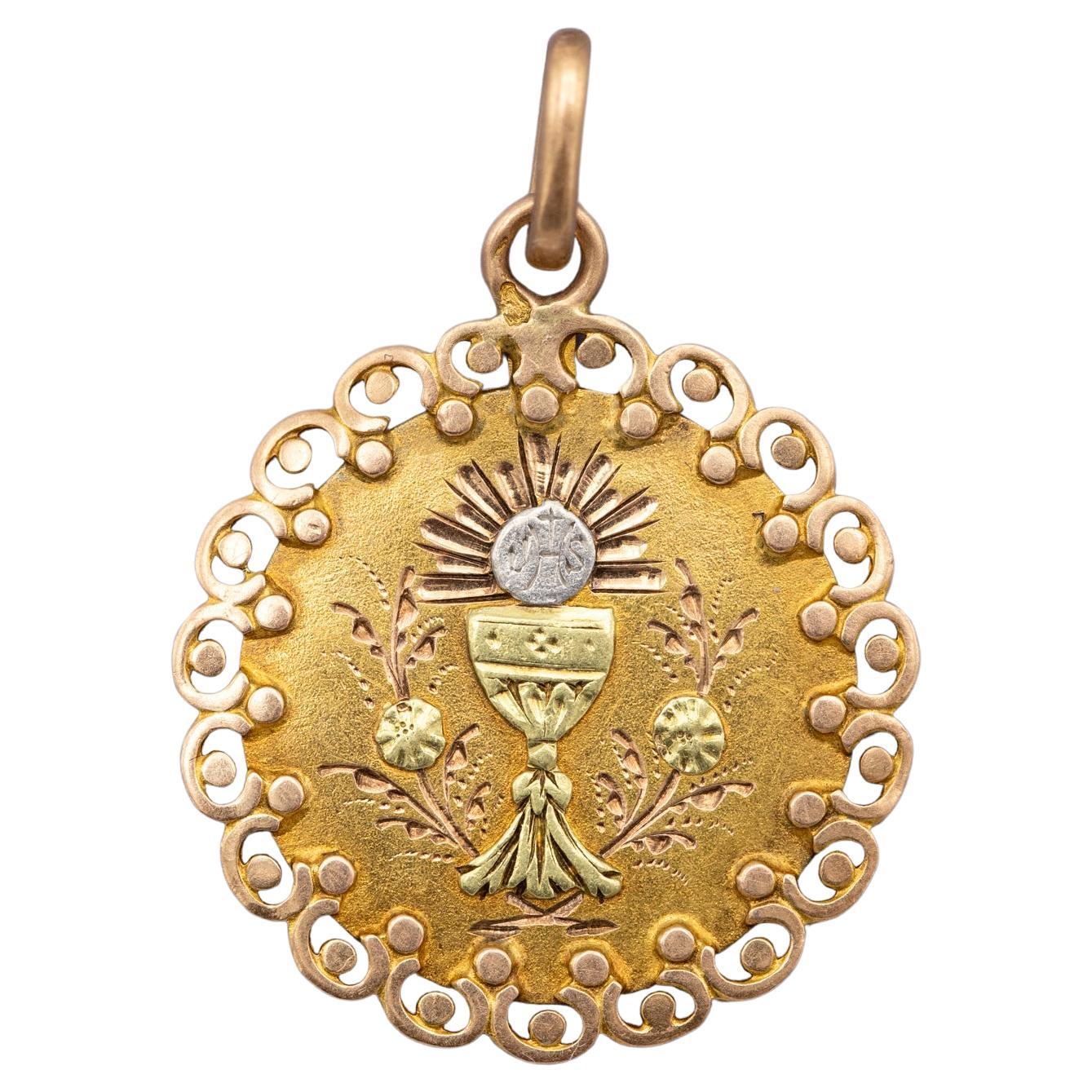 18K French Chalice & host pendant, rare Antique Catholic charm, Horse head mark