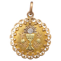 18K French Chalice & host pendant, rare Antique Catholic charm, Horse head mark
