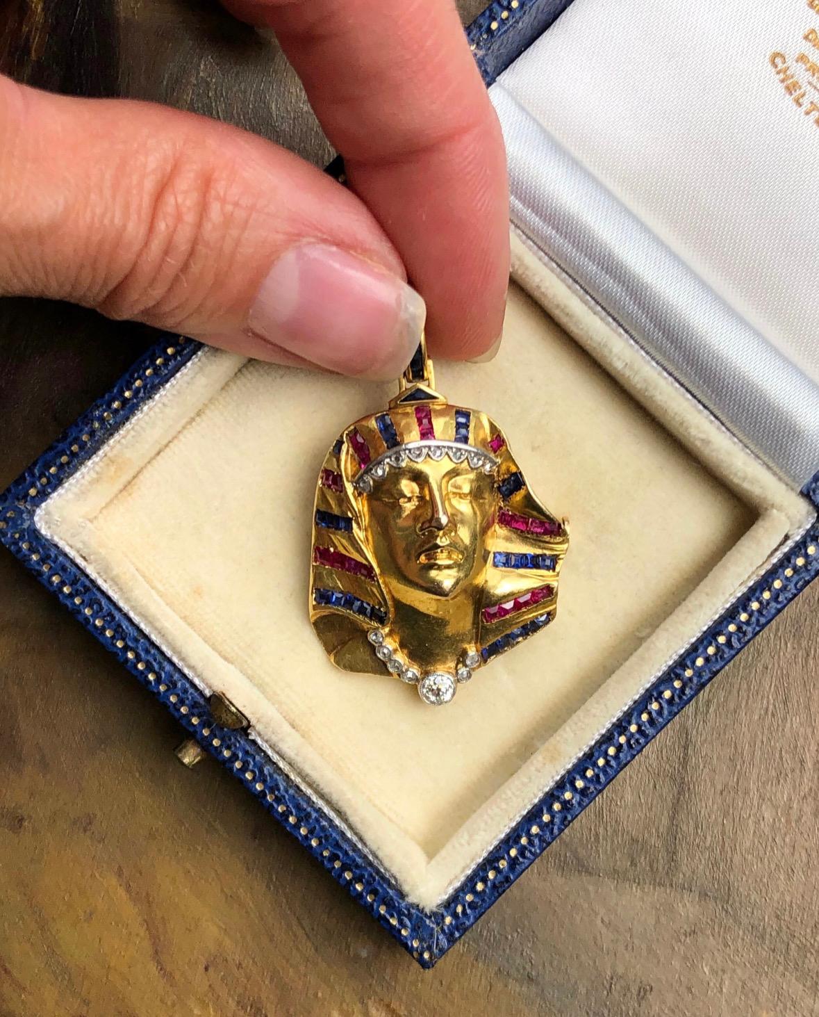 Egyptian revival jewelry became wildly popular during the Art Deco period after King Tut’s tomb was opened in 1922. This French 18k gold pharaoh is finely hand detailed and depicted wearing a diamond necklace and a diamond fringed nemes with