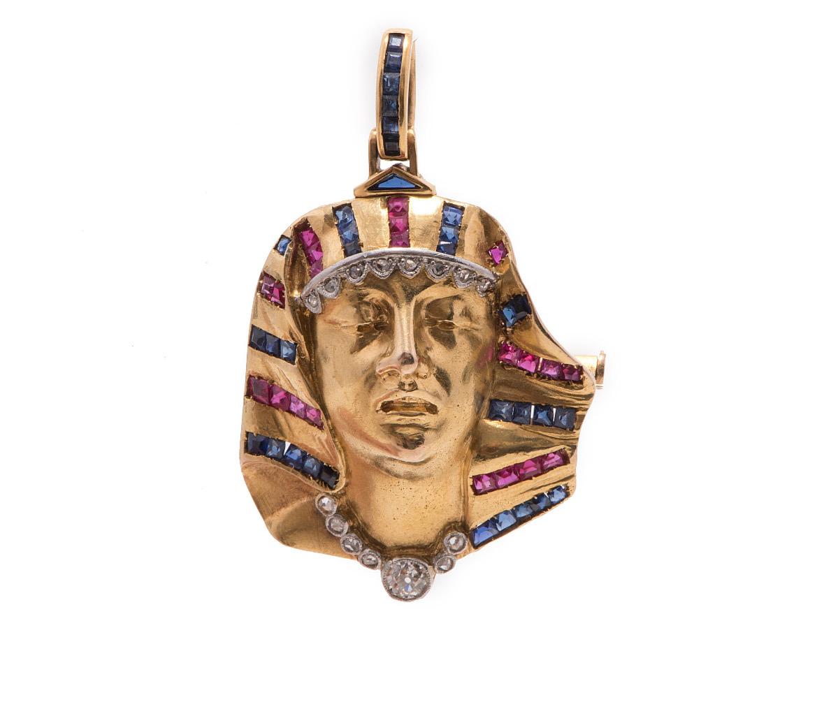 Art Deco 18k French Egyptian Revival Pharaoh Pendant For Sale