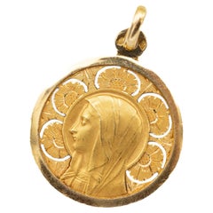 18k French Large Retro yellow gold Virgin Mary charm - Vintage religious pendant