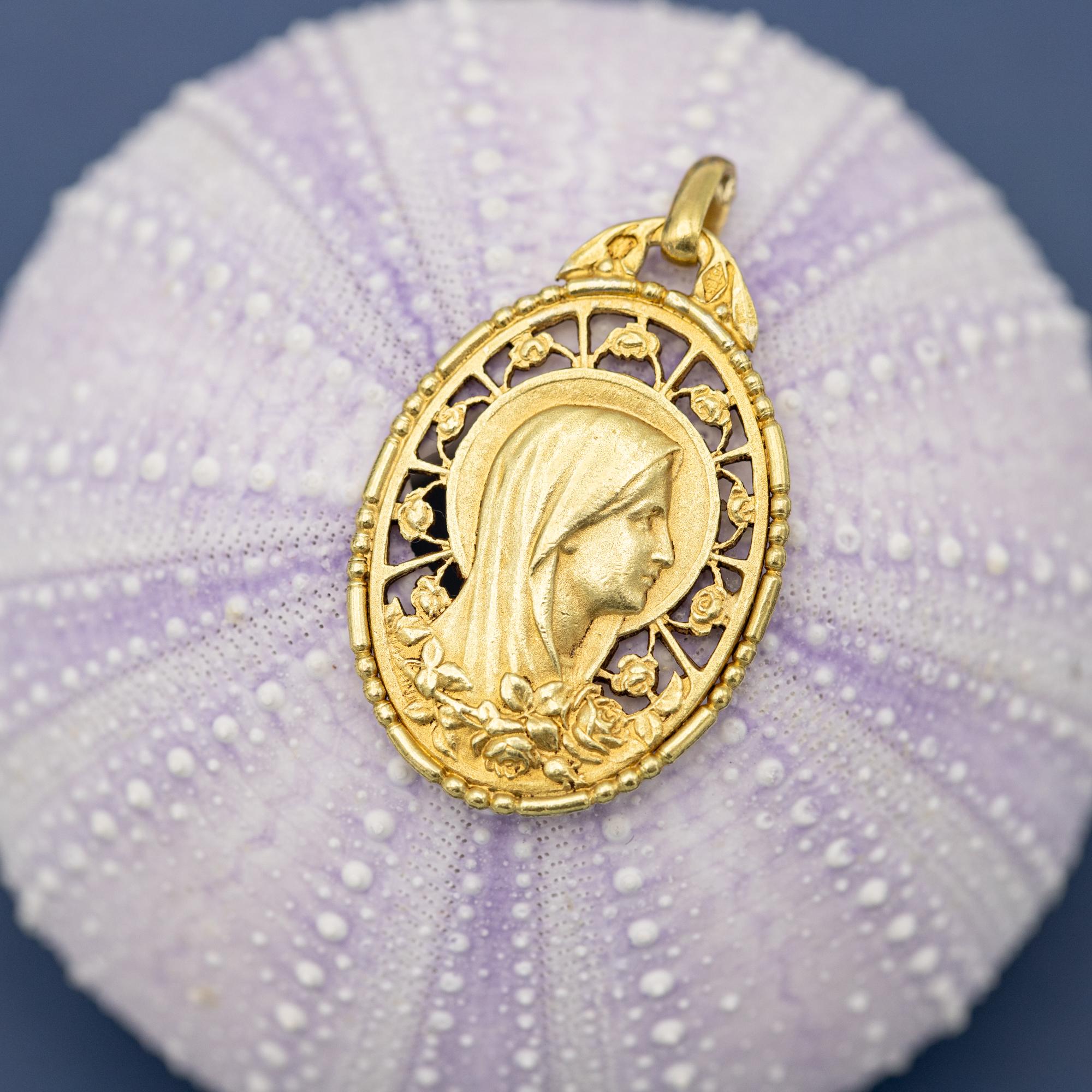 Women's or Men's 18K French solid yellow gold Virgin Mary - Antique Catholic pendant - religious