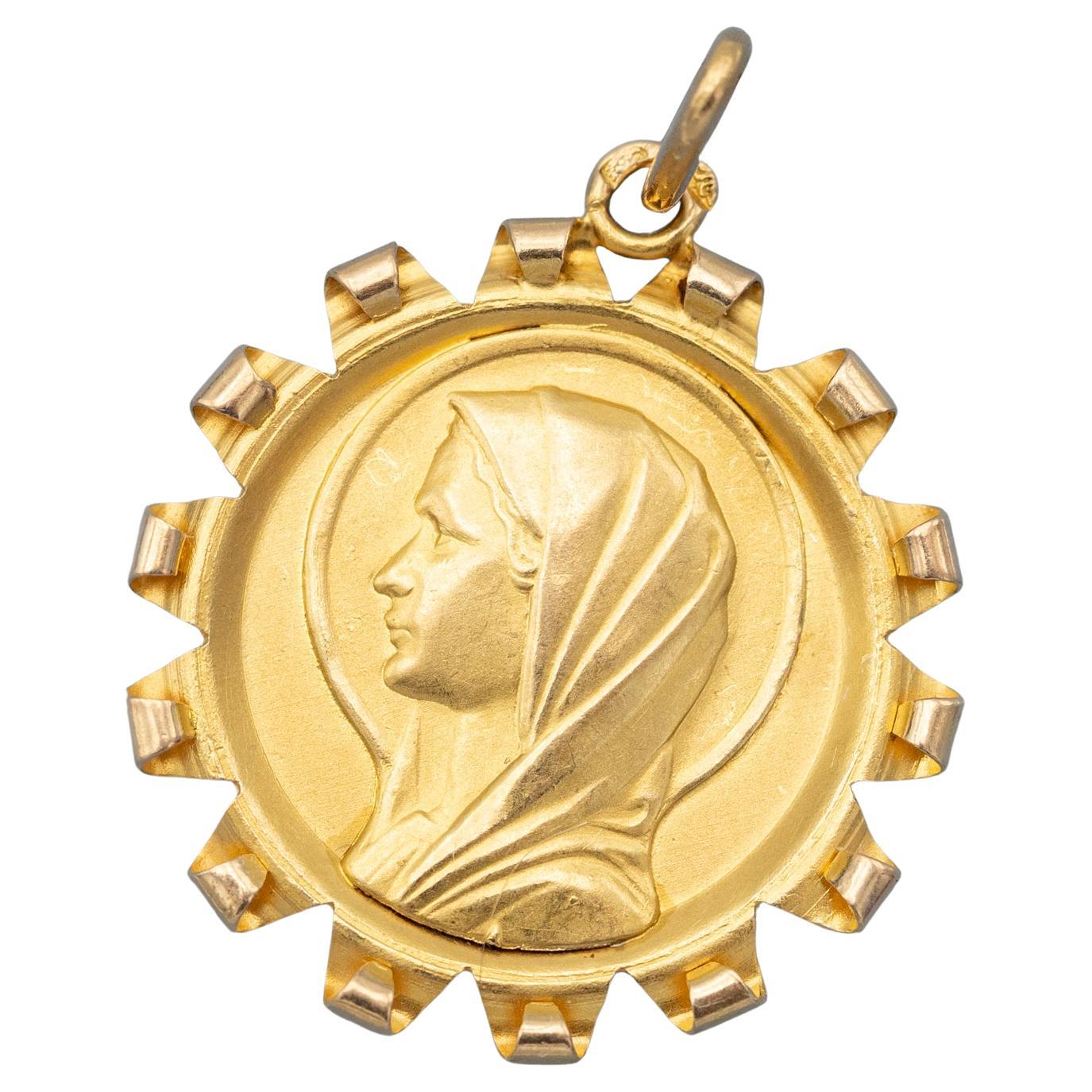 18k French solid yellow gold Virgin Mary charm - Floral Estate pendant - Vintage