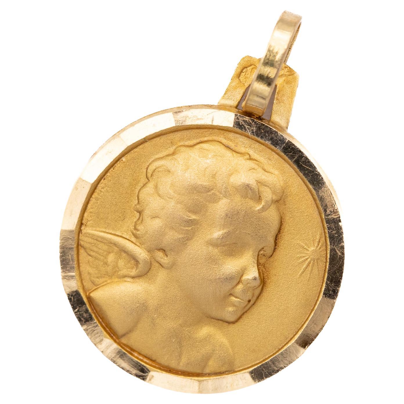  18k French Vintage cherub charm pendant - Angel medallion - solid yellow gold For Sale