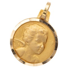  18k French Vintage cherub charm pendant - Angel medallion - solid yellow gold