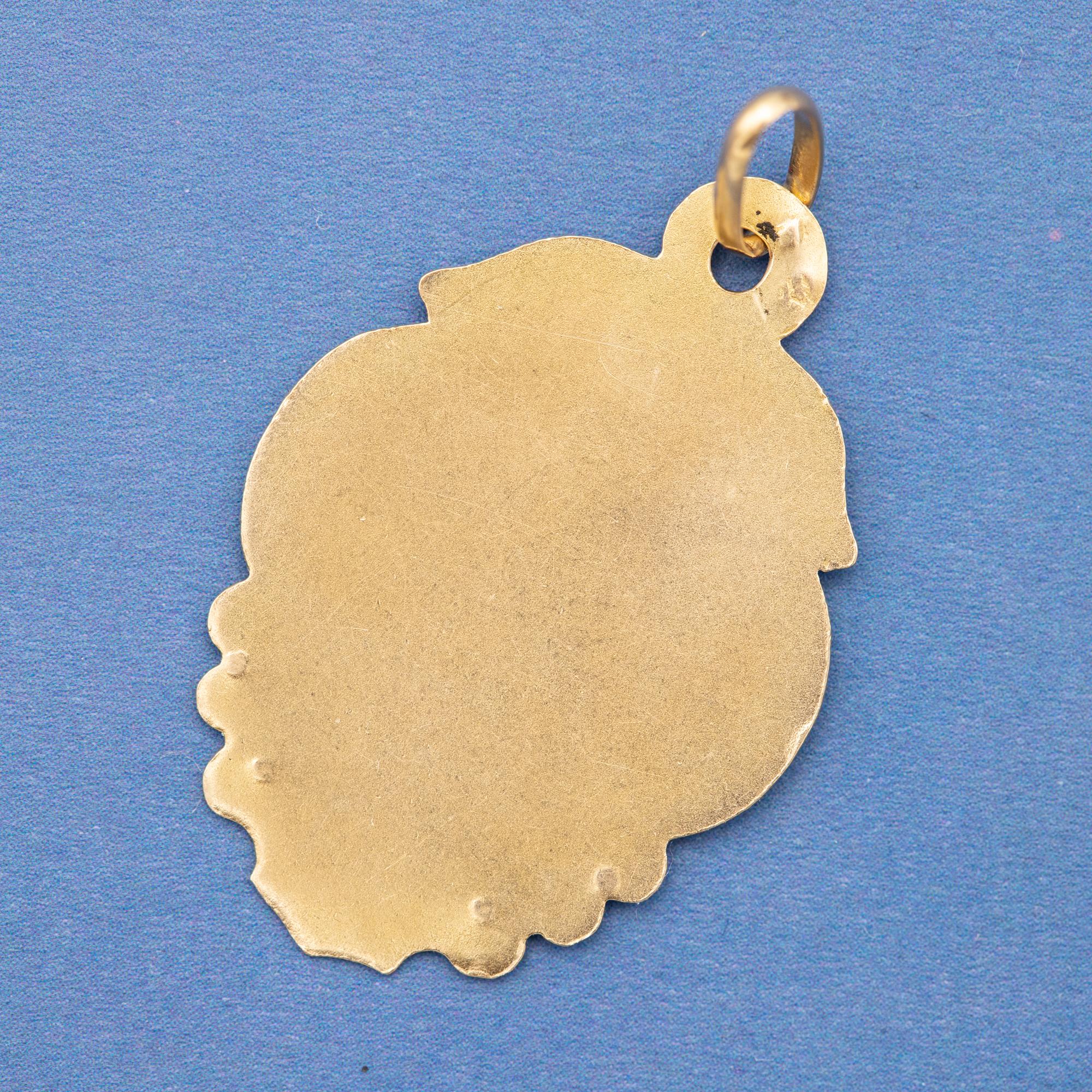 Edwardian 18k French Virgin Mary charm - 18k Gold Antique engraved Catholic pendant  For Sale