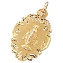 18k French Virgin Mary charm - 18k Gold Antique engraved Catholic pendant 