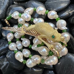 Baroque Akoya Pearl Necklace with 18 Karat Gold Frog Climbing on 14K Leaf