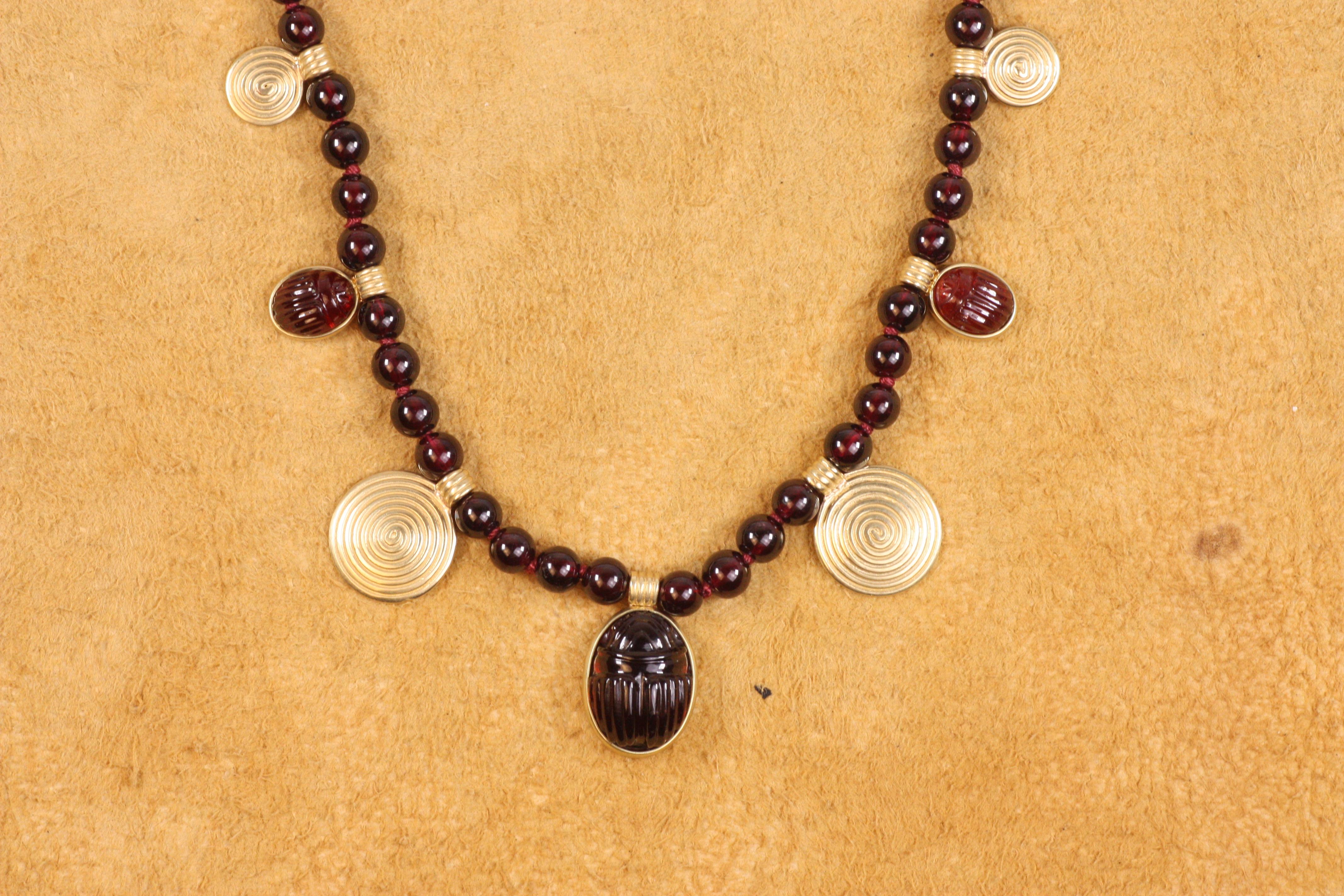 18K Garnet Scarab Sun Disc Necklace – Egyptian Revival, Garnet, Yellow Gold In New Condition For Sale In Santa Monica, CA