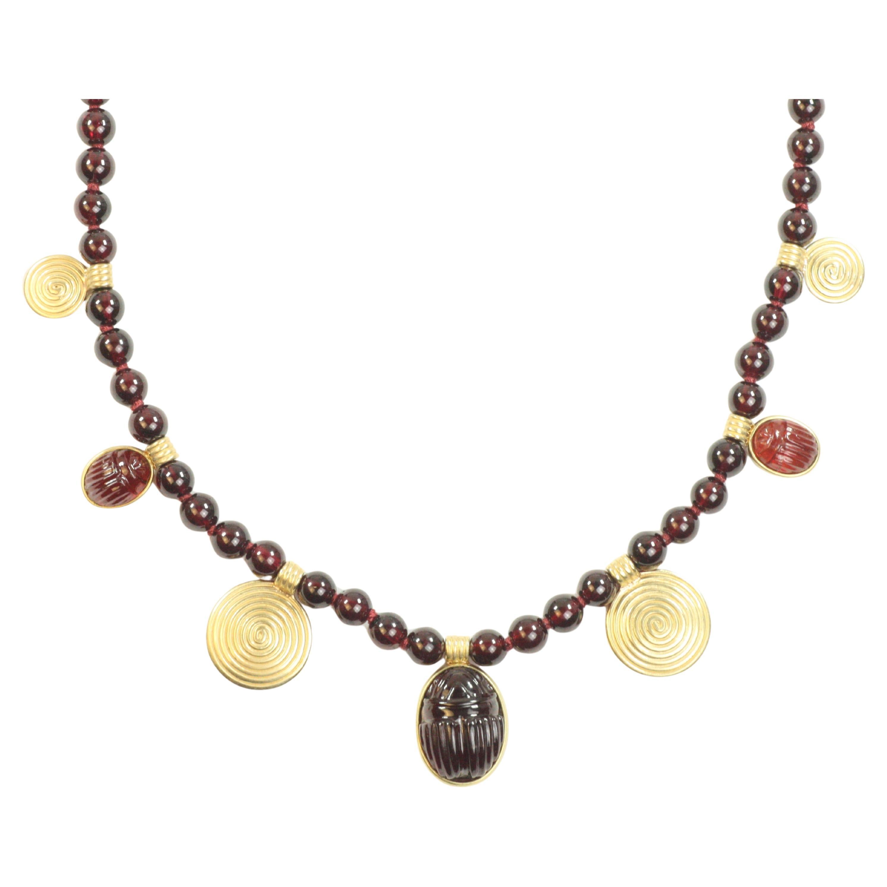 18K Garnet Scarab Sun Disc Necklace – Egyptian Revival, Garnet, Yellow Gold