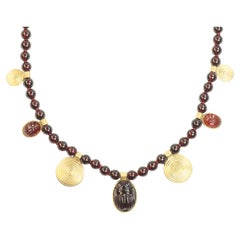 18K Garnet Scarab Sun Disc Necklace – Egyptian Revival, Garnet, Yellow Gold