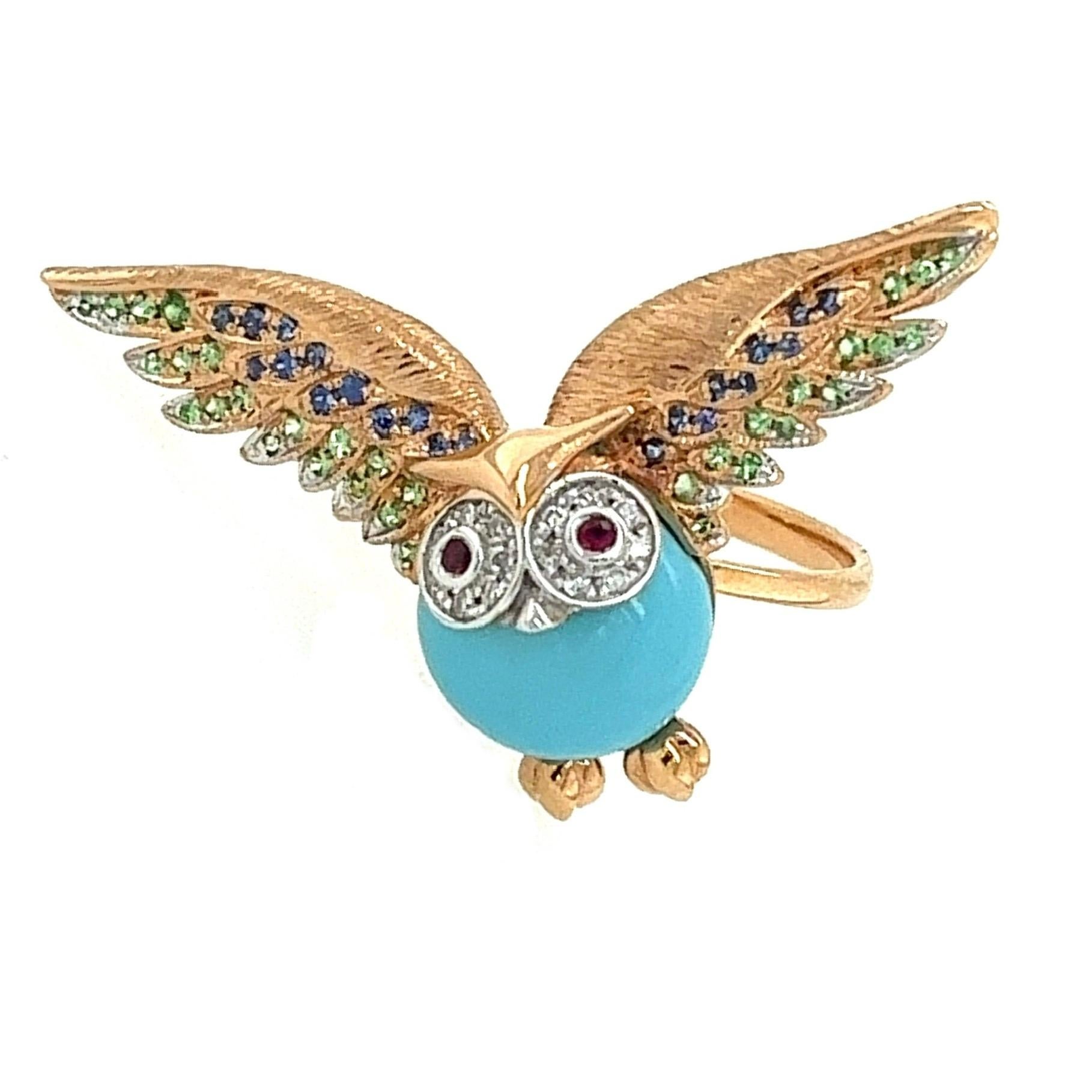 Modern 18K Gemstone Turquoise Owl Ring with Sapphires & Rubies