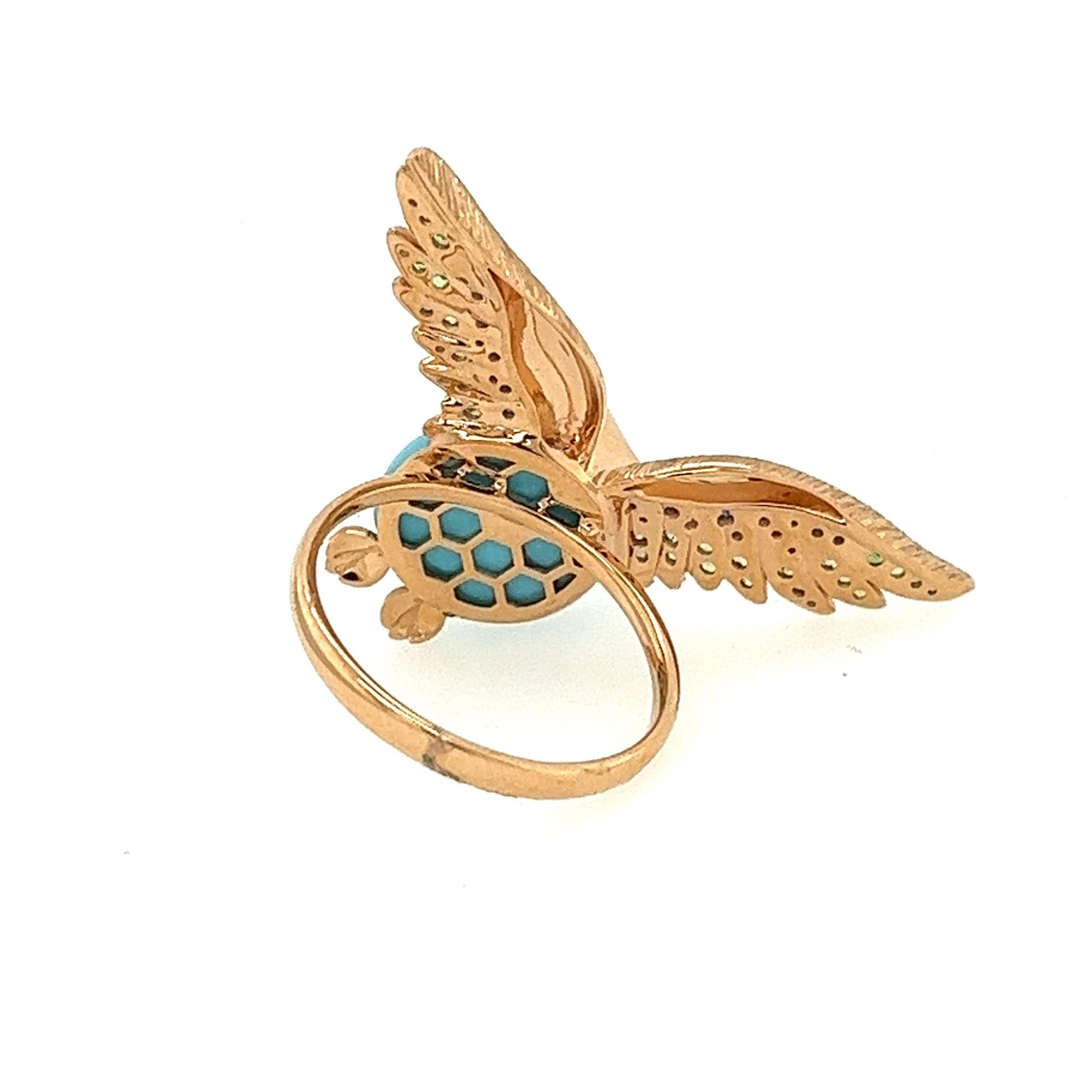 Round Cut 18K Gemstone Turquoise Owl Ring with Sapphires & Rubies