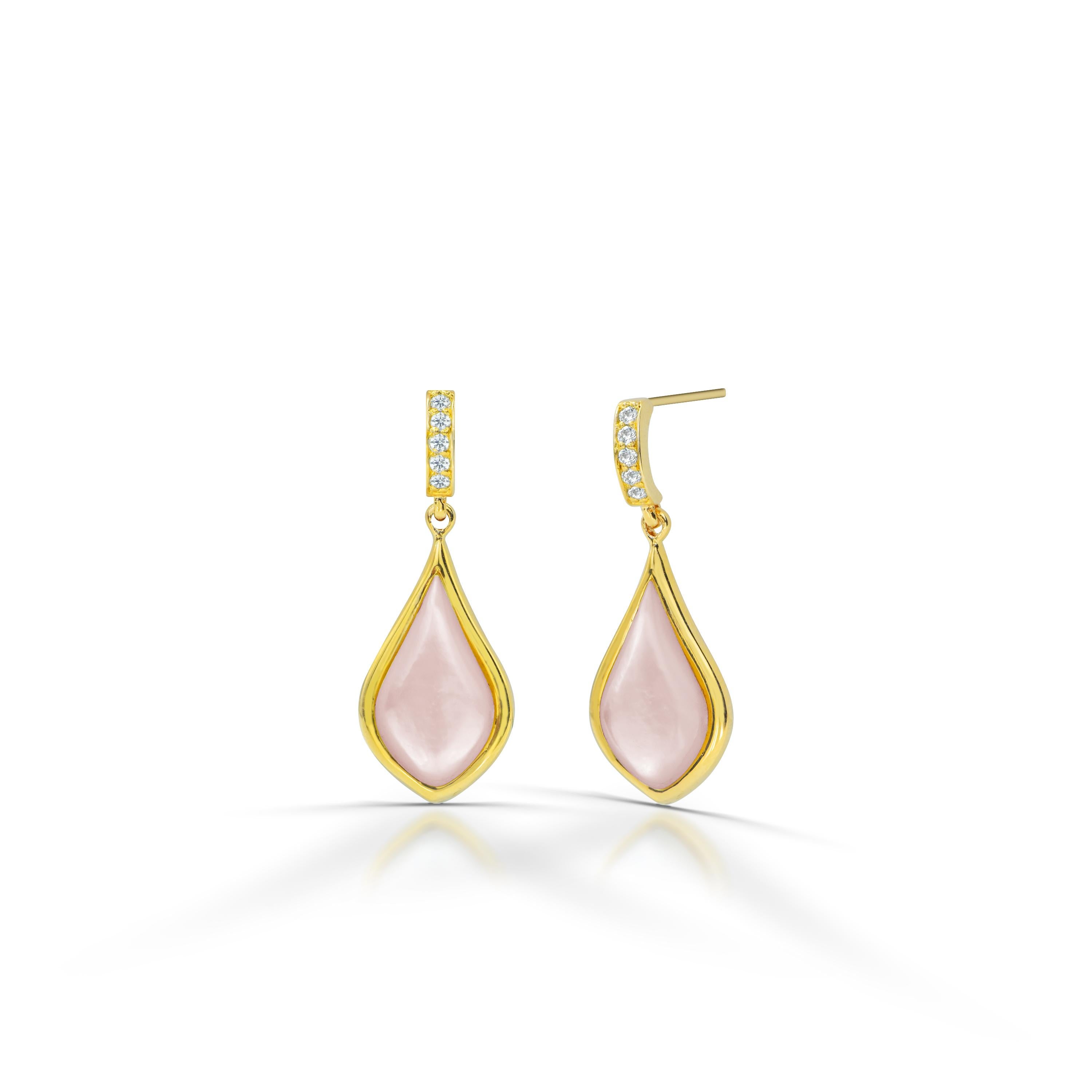 Boucles d'oreilles en goutte en or 18 carats remplies d'or véritable, onyx rose et coquillage de zircon naturel Unisexe en vente