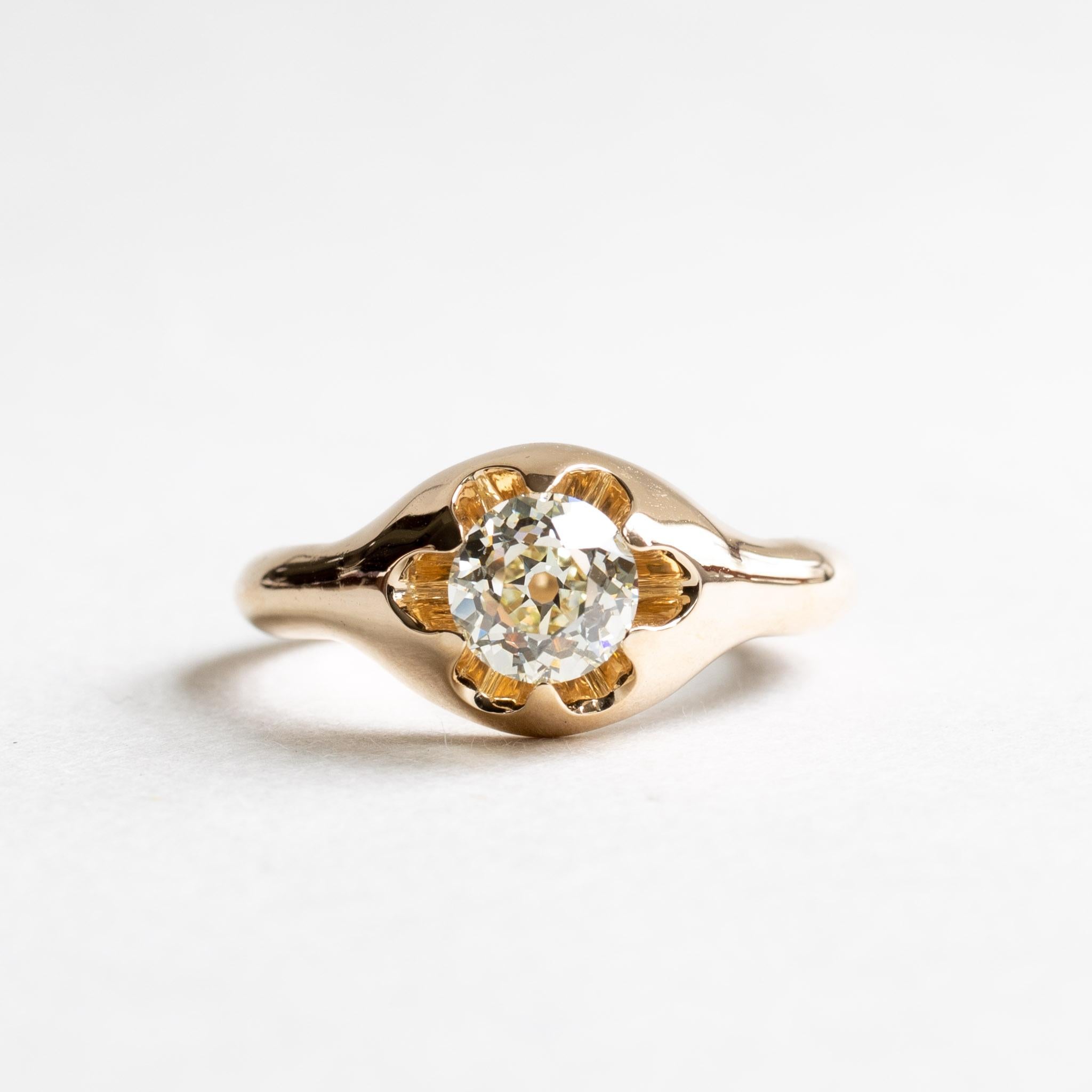 Metal: 18K Yellow Gold
Stone: Old Mine Diamond
Stone Shape: Cushion
Stone Size: 6mm x 4mm
Stone Weight: 1.10 Carat
Stone Color and Clarity: O-P, VS2
GIA certificate included. 
Band Width: 3.5mm x 2mm shank
Size 7 is ready to ship. 