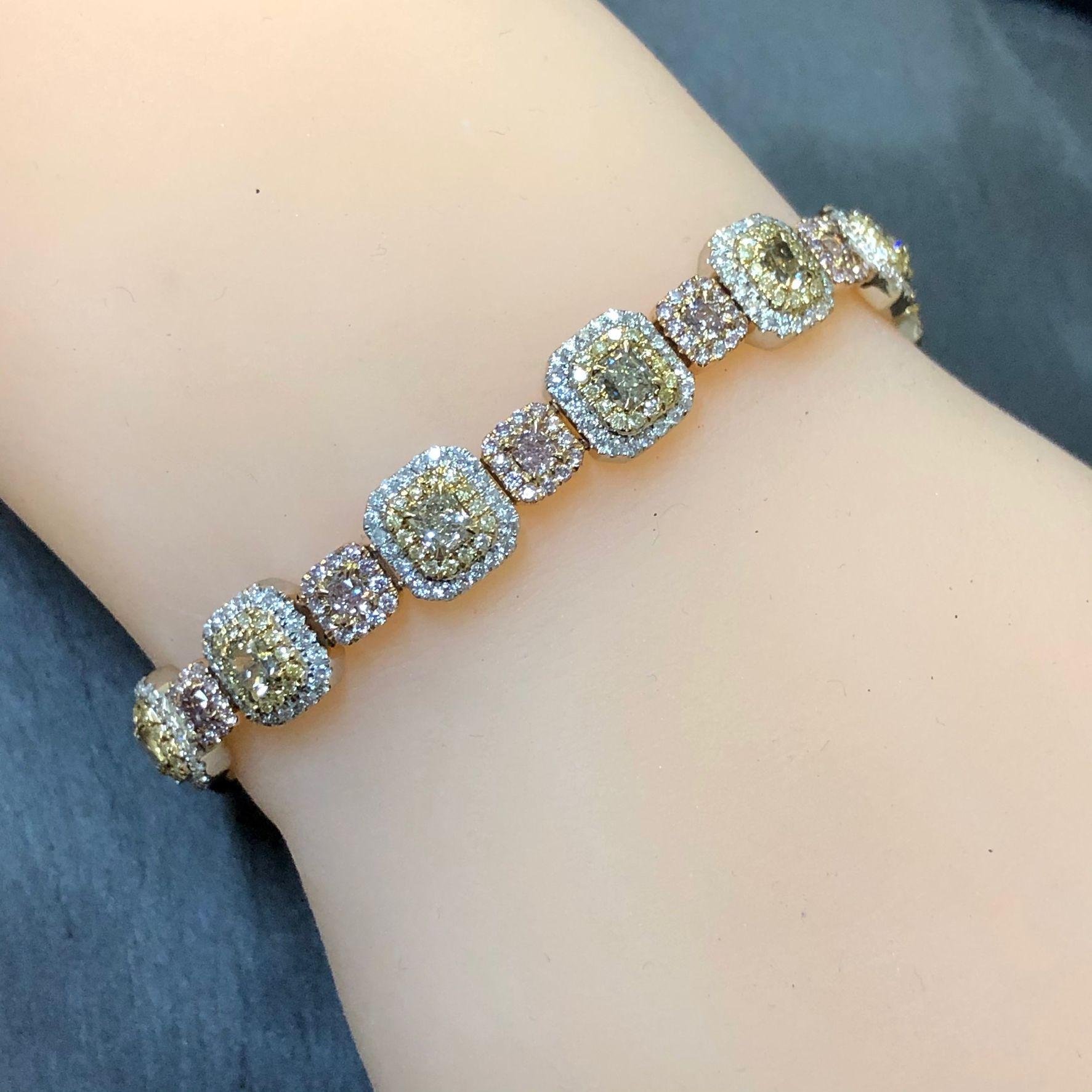 Contemporary 18K GIA Natural Yellow White Pink Fancy Cushion Diamond Bracelet