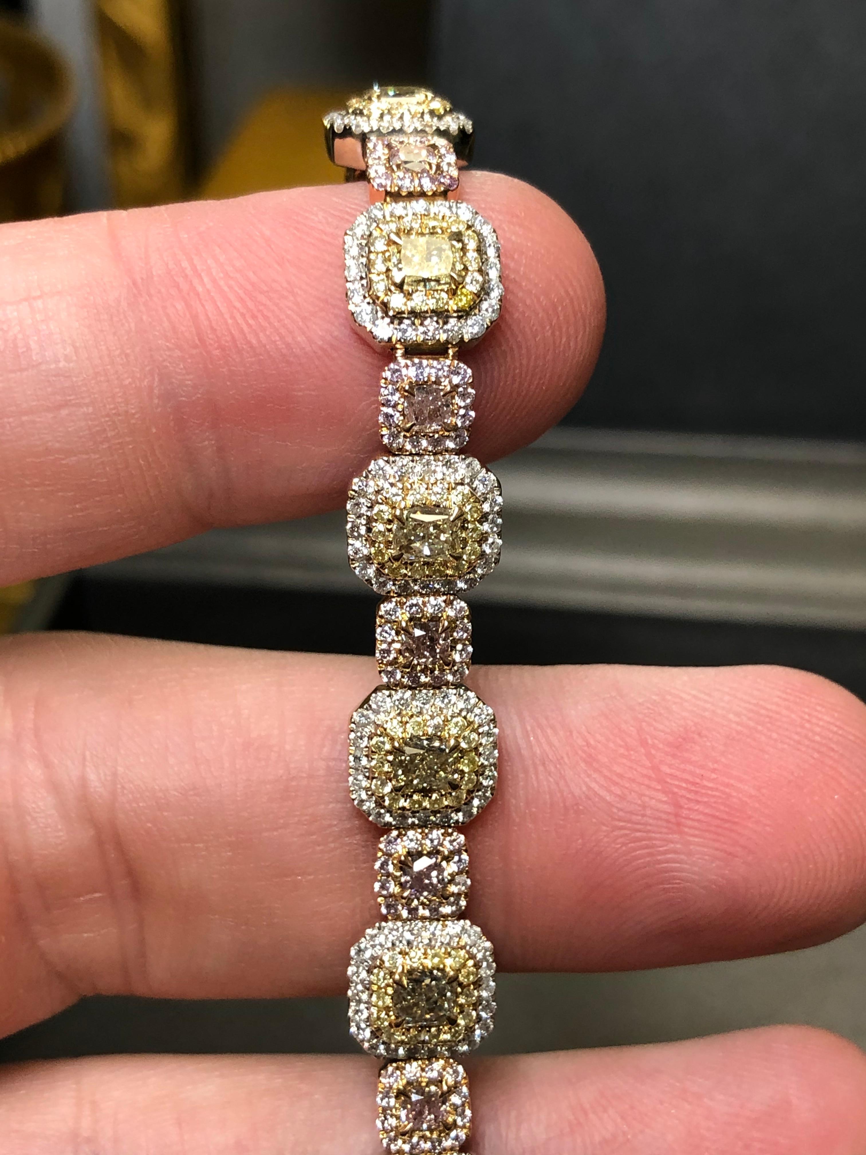 18K GIA Natural Yellow White Pink Fancy Cushion Diamond Bracelet In Good Condition In Winter Springs, FL
