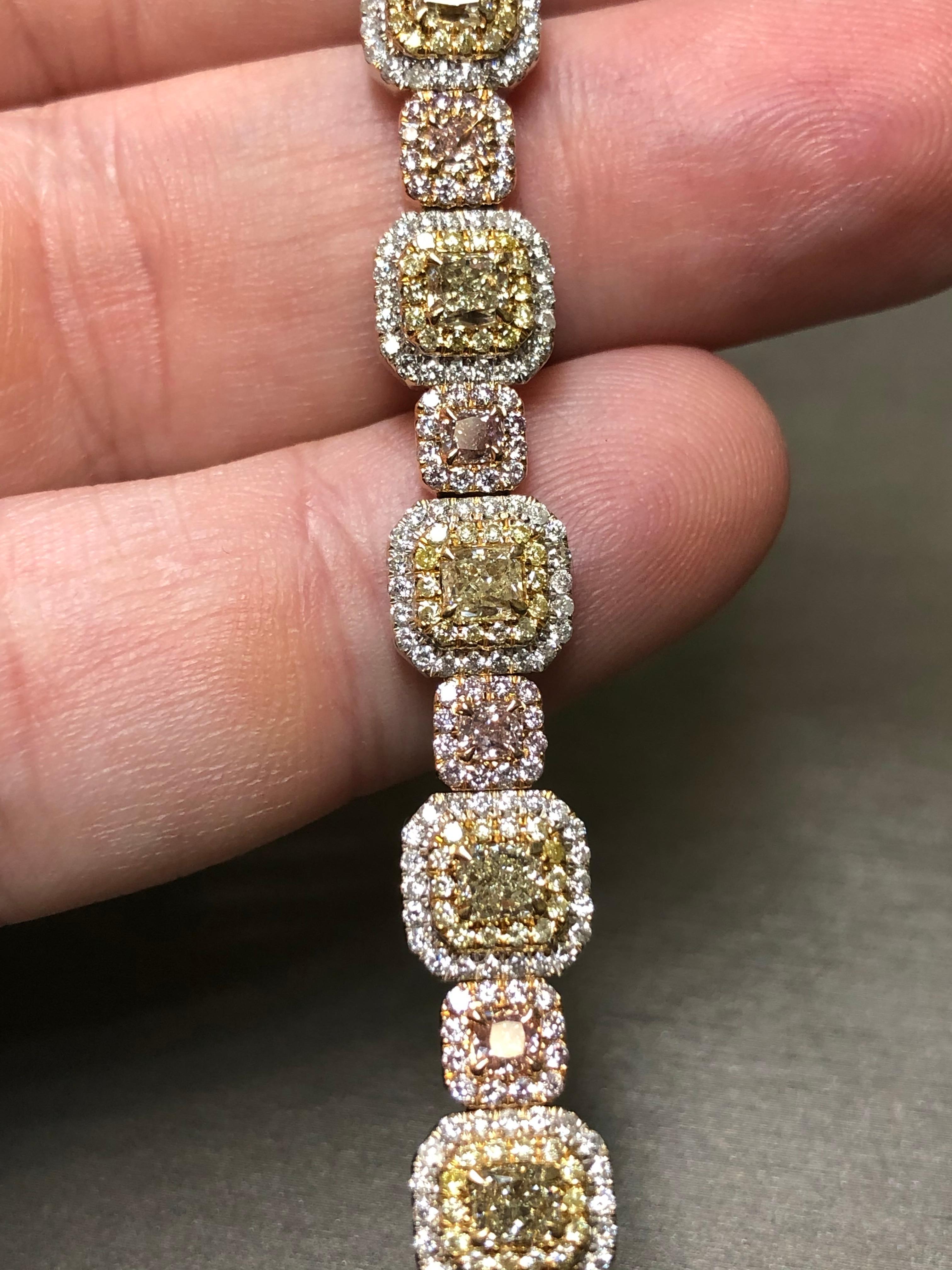 Women's 18K GIA Natural Yellow White Pink Fancy Cushion Diamond Bracelet