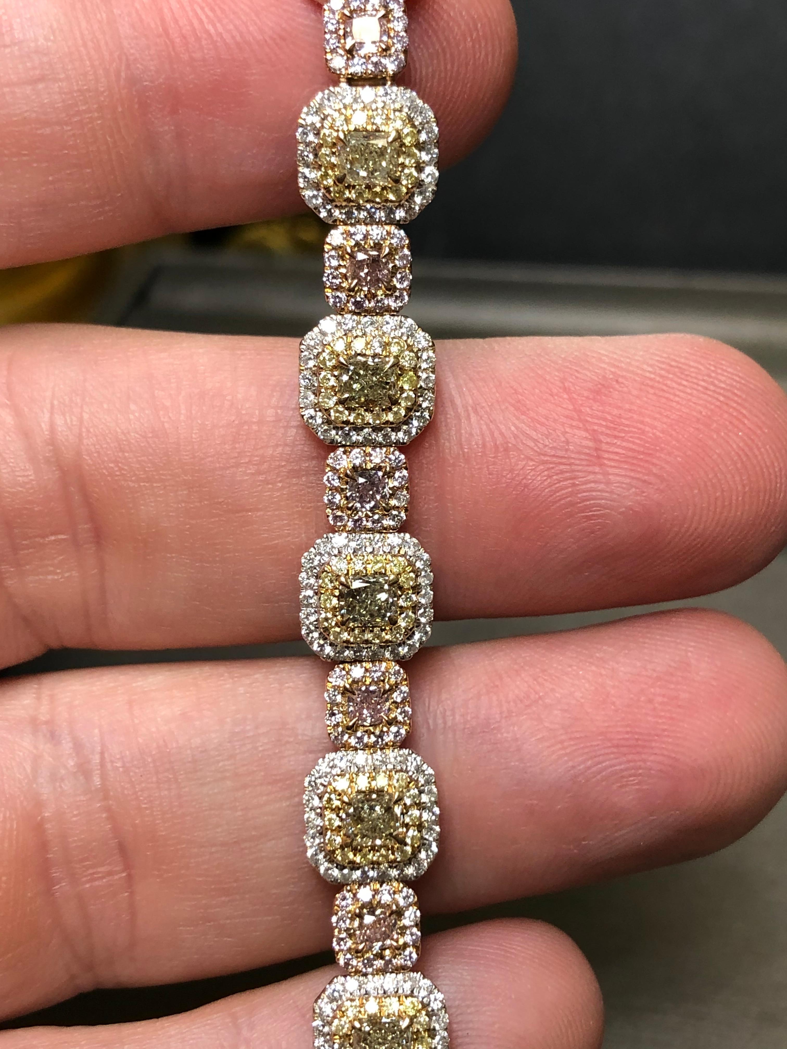 18K GIA Natural Yellow White Pink Fancy Cushion Diamond Bracelet 1