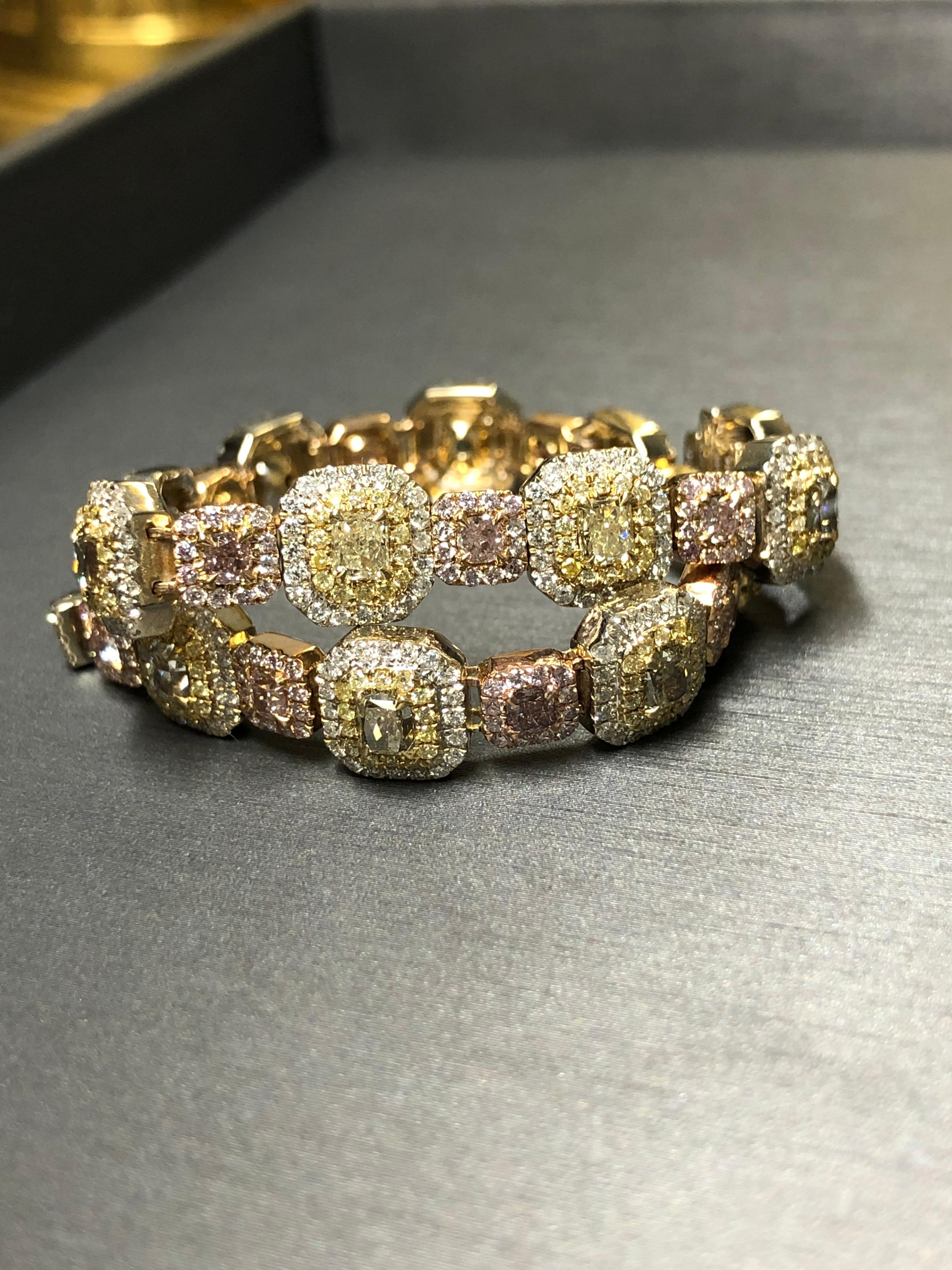 18K GIA Natural Yellow White Pink Fancy Cushion Diamond Bracelet 2