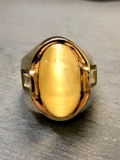 18K GIA No Heat Cats Eye Golden Beryl Baguette Diamond Men’s Ring