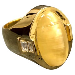 18K GIA No Heat Cats Eye Golden Beryl Baguette Diamond Men’s Ring