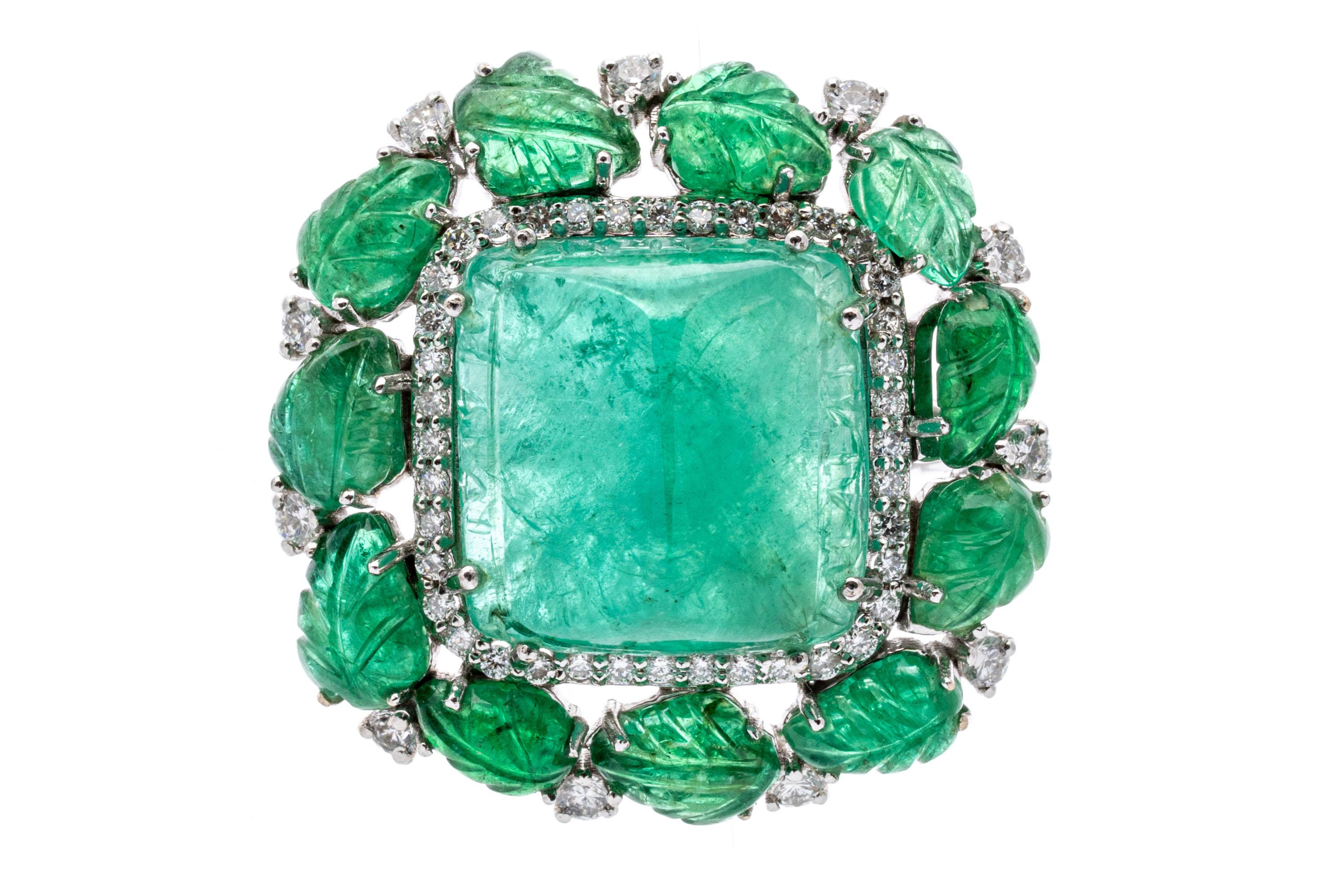 Contemporary 18k Glamorous Sugarloaf and Carved Emerald And Diamond Ring For Sale