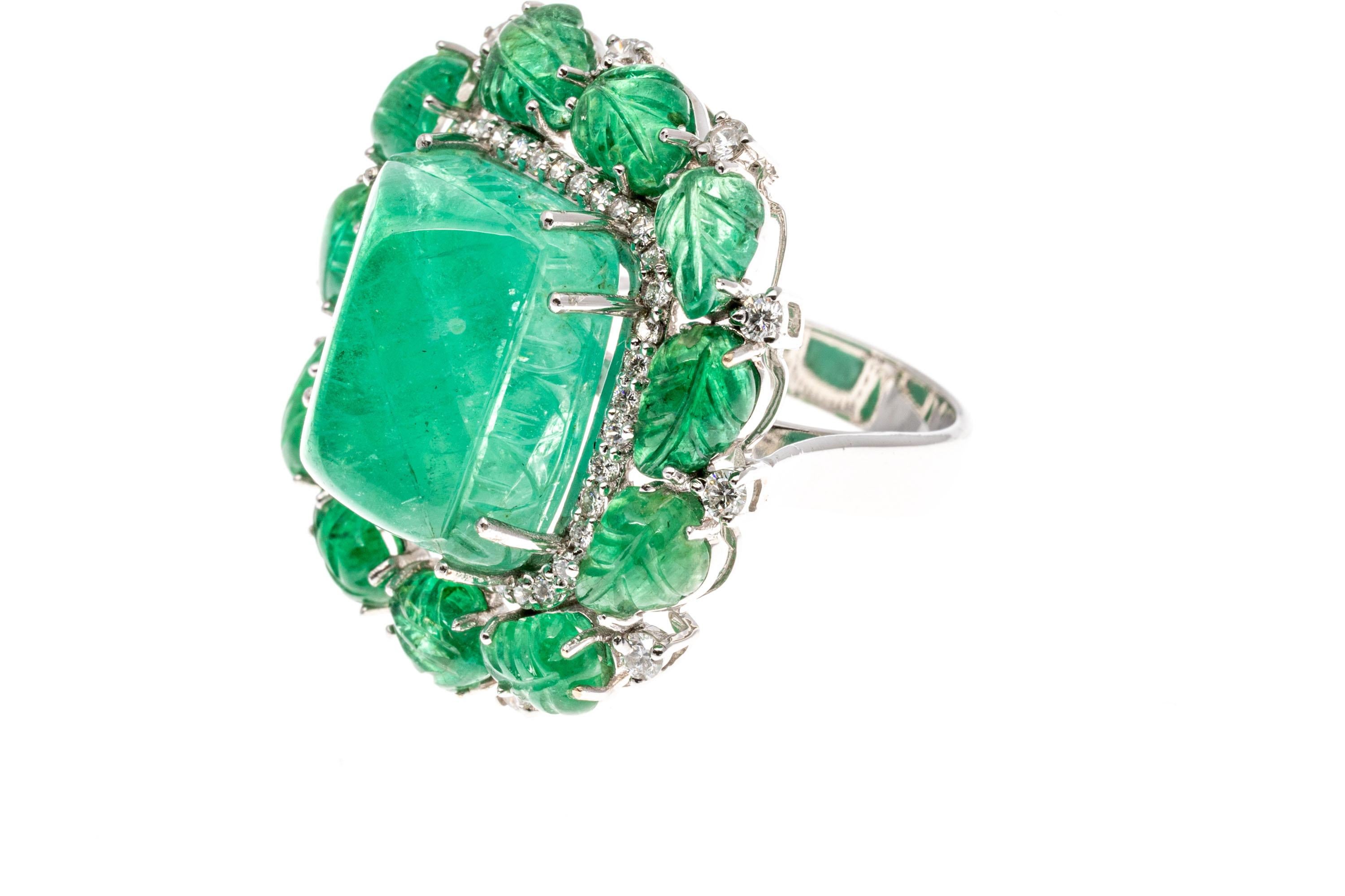 Sugarloaf Cabochon 18k Glamorous Sugarloaf and Carved Emerald And Diamond Ring For Sale