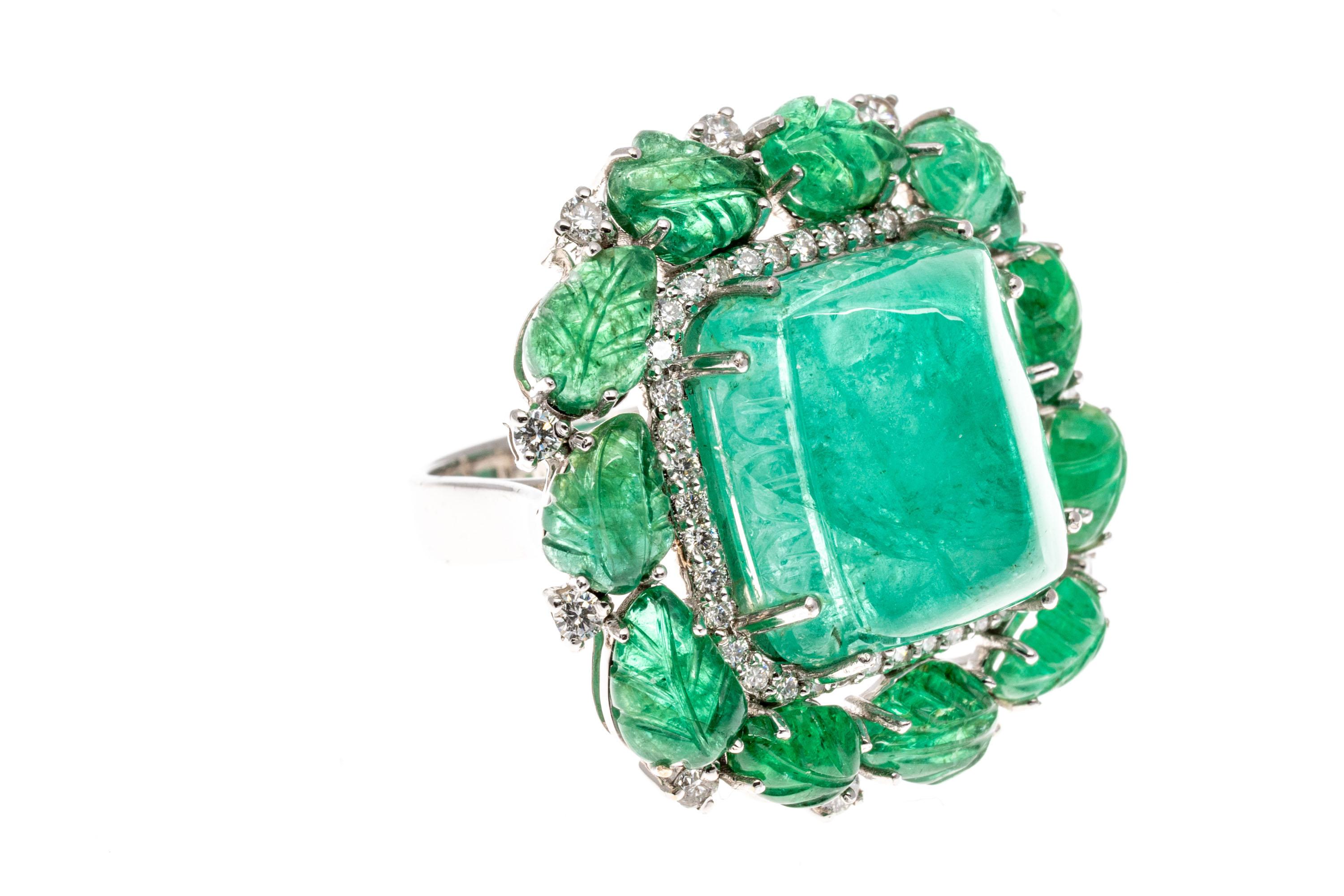 Women's 18k Glamorous Sugarloaf and Carved Emerald And Diamond Ring For Sale
